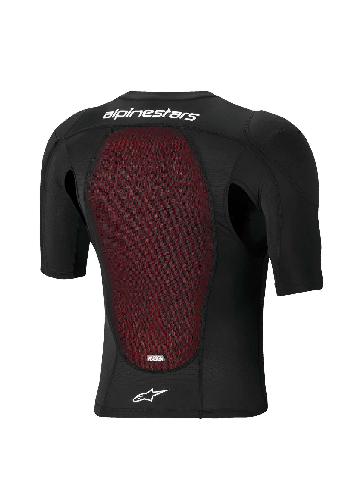 Alpinestars Bionic Plasma LT Protection Jacket - Short Sleeve, widok z tyłu, czarna konstrukcja z oddychającej siateczki z czerwonym teksturowanym ochraniaczem pleców Nucleon PLASMA, biały napis Alpinestars i logo z gwiazdą, odzież ochronna off-road i motocrossowa