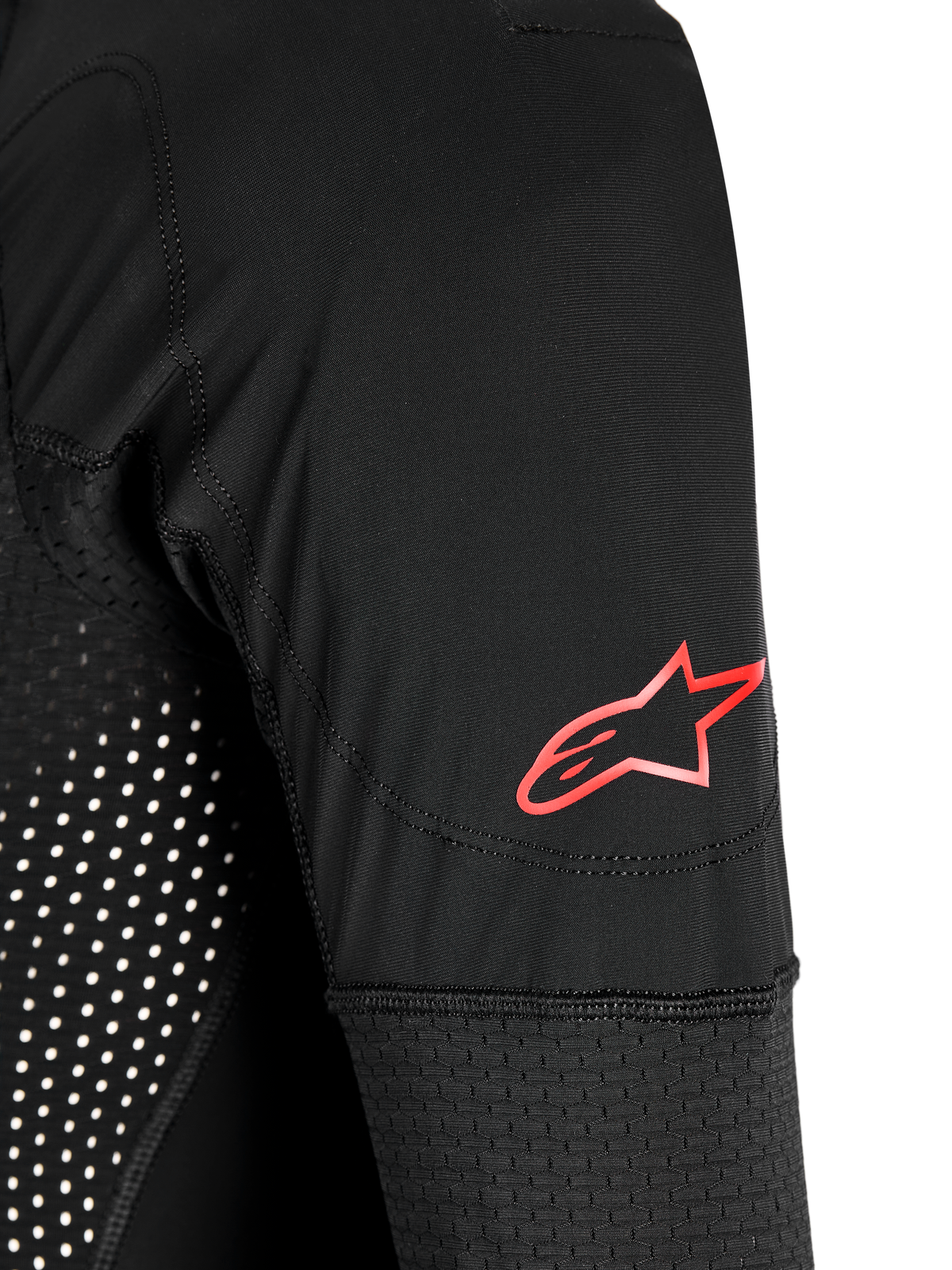 Rękaw poduszki powietrznej Tech-Air 10 V2 Race, czarny, z czerwonym logo Alpinestars i technicznymi panelami z siatki.