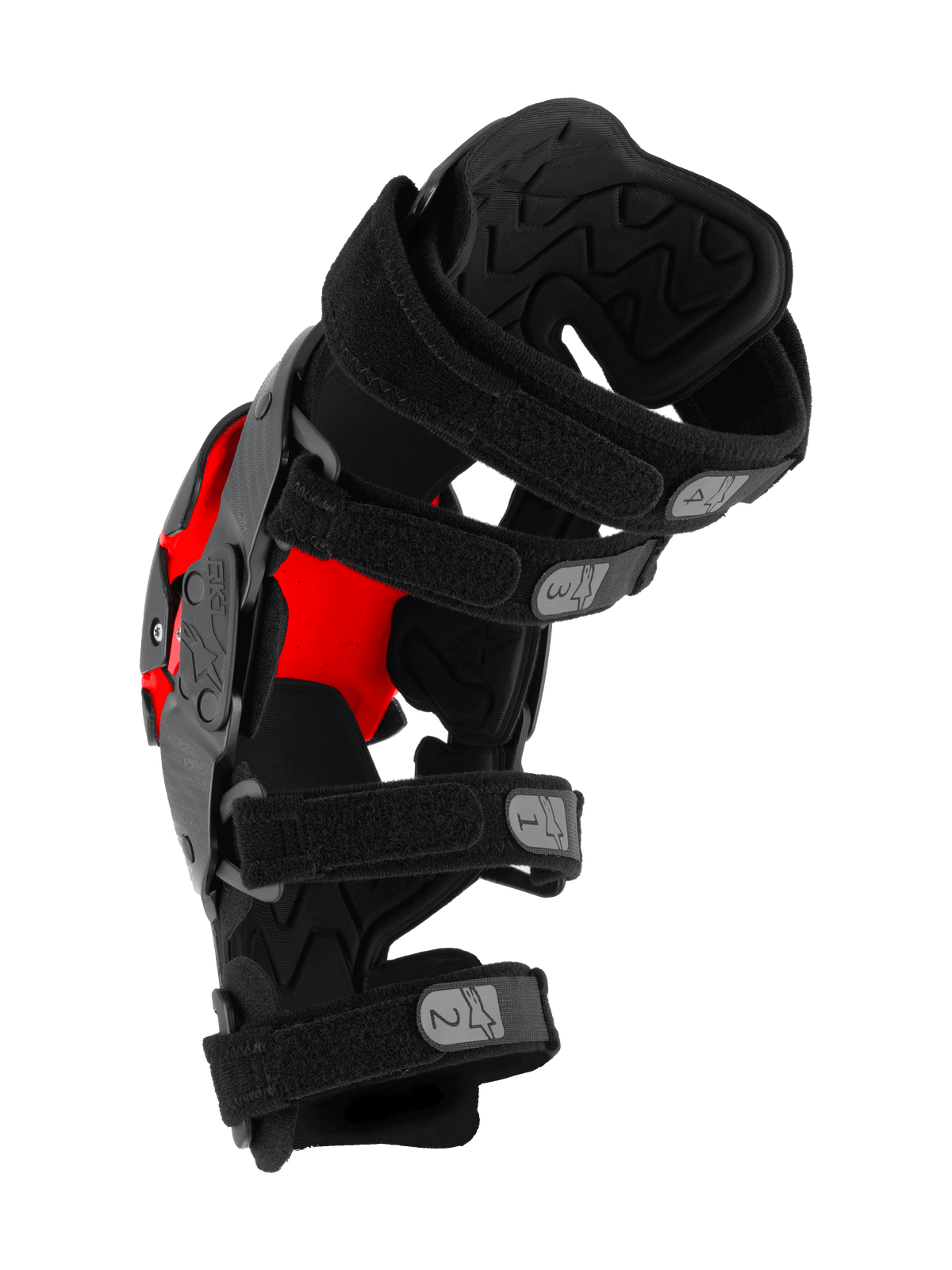 Alpinestars RK-1 Plasma Knee Brace, Motocross Knee Protector, Black and Red, side view showing four numbered adjustable straps and textured interior padding, technical protective gear for off-road racing