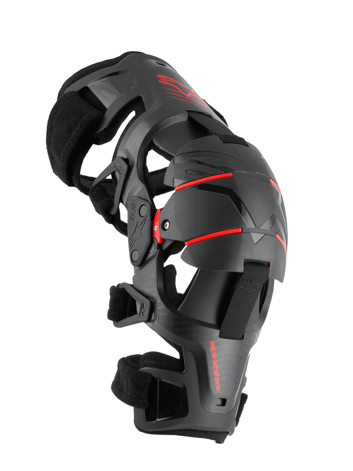 Alpinestars RK-1 Plasma Knee Brace, Motorcycle Knee Protection, Black and Red, side profile view featuring the articulated four-point hinge system, triple segmented knee cup, and adjustable straps for off-road racing
