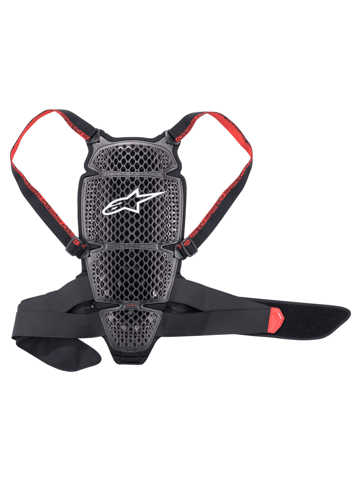 Alpinestars Nucleon KR-Cell Protector, motocyklowy ochraniacz pleców, dymny czarny i czerwony, z perforowaną siatką o strukturze plastra miodu i białym logo Alpinestars, regulowane czerwone paski z logo marki, czarny pas biodrowy, ergonomiczna wentylowana konstrukcja