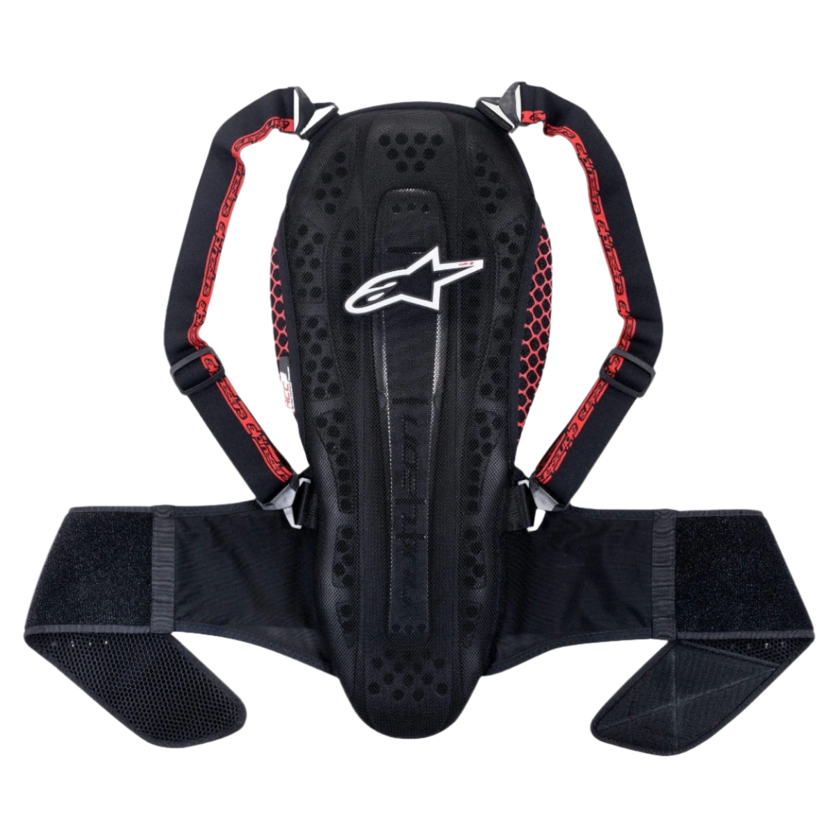 Alpinestars Nucleon KR-2 Back Protector, ochraniacz pleców, Black Smoke Red, posiada przegubową konstrukcję w stylu kręgów, regulowane paski naramienne z czerwonymi akcentami i szeroki pas biodrowy, lekka motocyklowa ochrona kręgosłupa