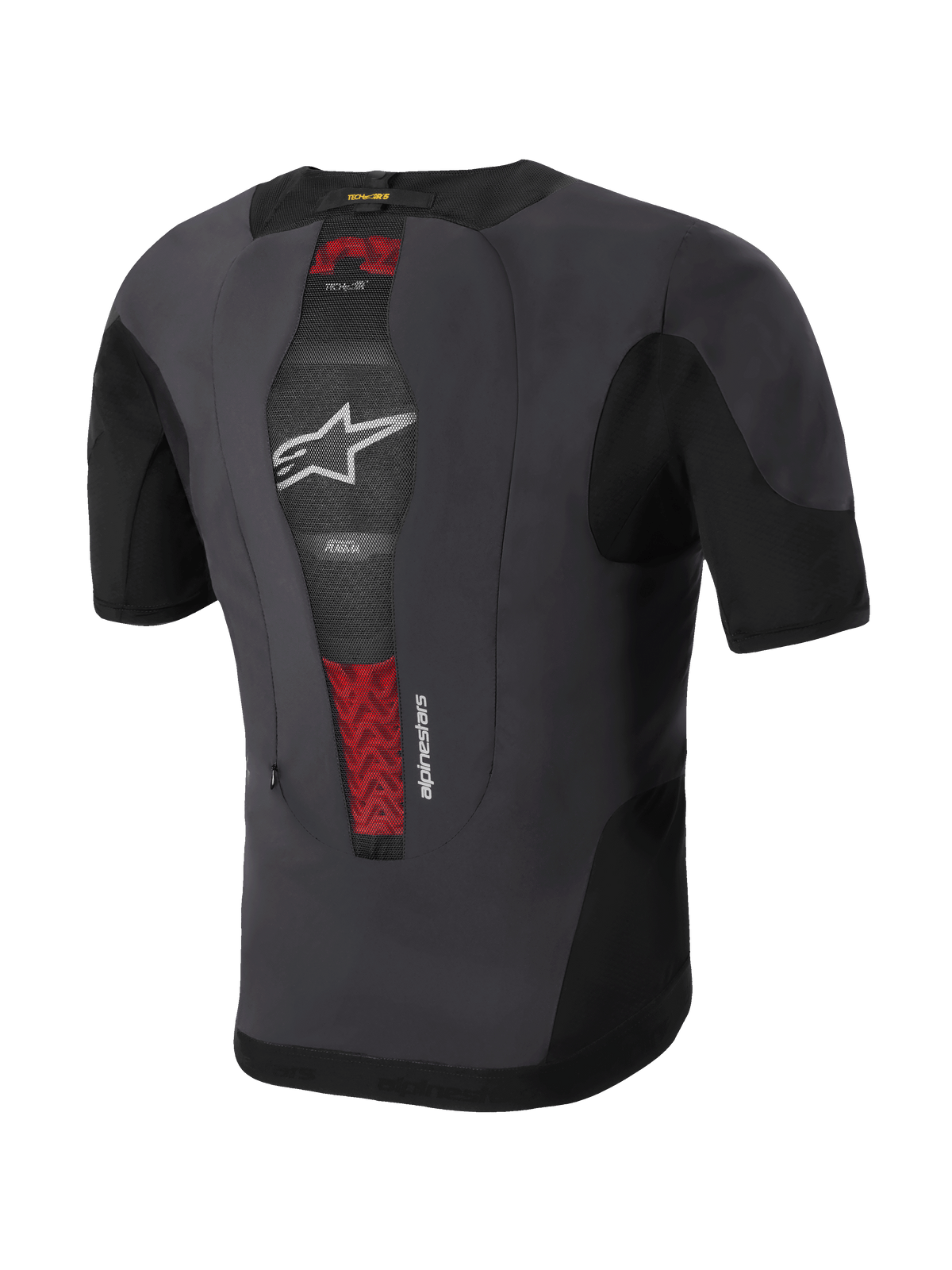Alpinestars Tech-Air® 5 Plasma System, motocyklowa kamizelka z poduszką powietrzną, widok z tyłu, czarna i ciemnoszara, ze zintegrowanym ochraniaczem pleców PLASMA widocznym przez środkową siateczkę z czerwonymi detalami, białe logo z gwiazdą, smukła i oddychająca konstrukcja pod kurtkę