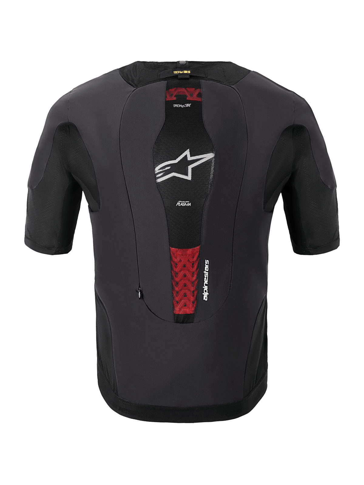 Alpinestars Tech-Air® 5 Plasma System, motocyklowy system poduszki powietrznej, widok z tyłu, czarny, wyposażony w centralny panel z siatki z białym logo gwiazdy i czerwone akcenty wewnętrznego ochraniacza pleców PLASMA, dopasowany krój z krótkim rękawem zapewniający ochronę pod kurtką