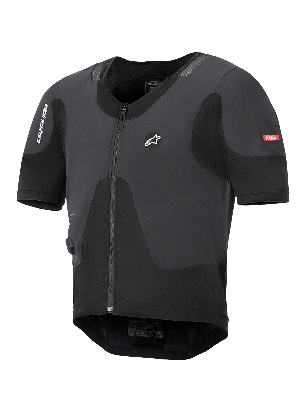 Alpinestars Tech-Air 5 Plasma System, czarna motocyklowa kamizelka z poduszką powietrzną, smukły profil z przednim zamkiem błyskawicznym i krótkimi rękawami, oddychające panele z siatki, branding Alpinestars, zaprojektowana do ochrony pod kurtką