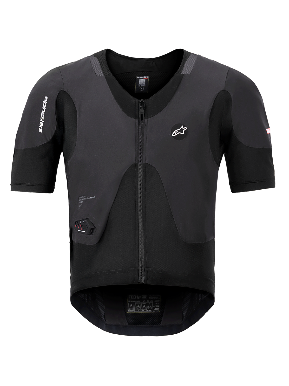 Alpinestars Tech-Air 5 Plasma System, czarna kamizelka z poduszką powietrzną, widok z przodu z krótkimi rękawami i centralnym zamkiem, logo Alpinestars i zintegrowany wyświetlacz stanu LED, ultra-smukła odzież ochronna dla motocyklistów