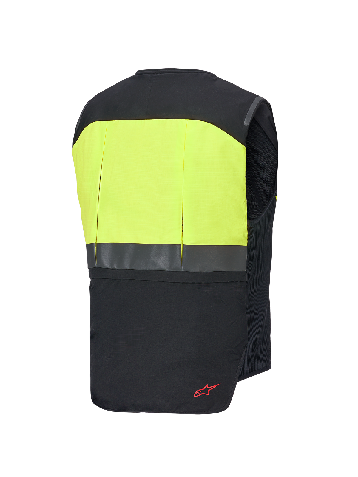 Alpinestars Tech-Air® 3 V2 System, motocyklowa kamizelka z poduszką powietrzną, widok z tyłu, czarno-żółta fluo, z żółtym panelem o wysokiej widoczności na górze pleców, odblaskowym poziomym paskiem i czerwonym detalem logo