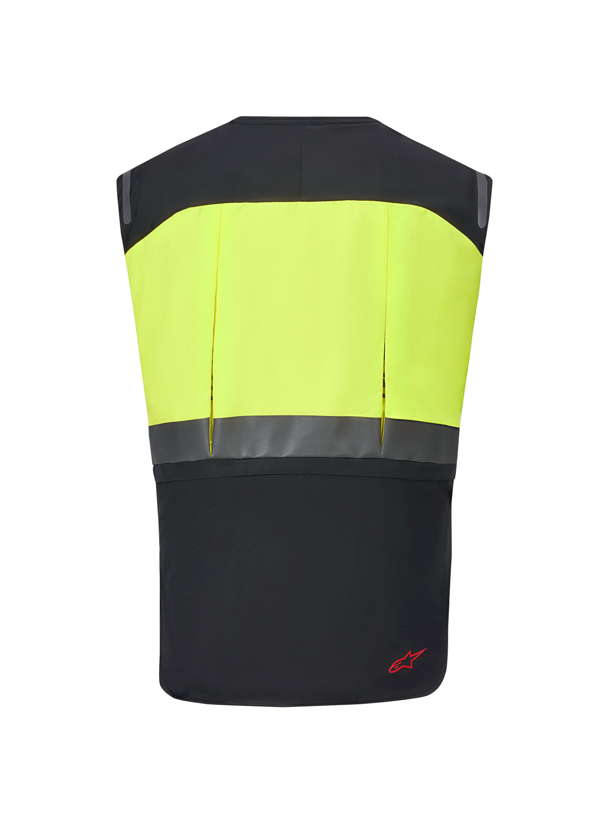 System Alpinestars Tech-Air® 3 V2, motocyklowa kamizelka z poduszką powietrzną, czarno-żółty fluo, widok z tyłu z żółtym panelem o wysokiej widoczności i poziomym paskiem odblaskowym, smukła i lekka ochrona do turystyki i dojazdów