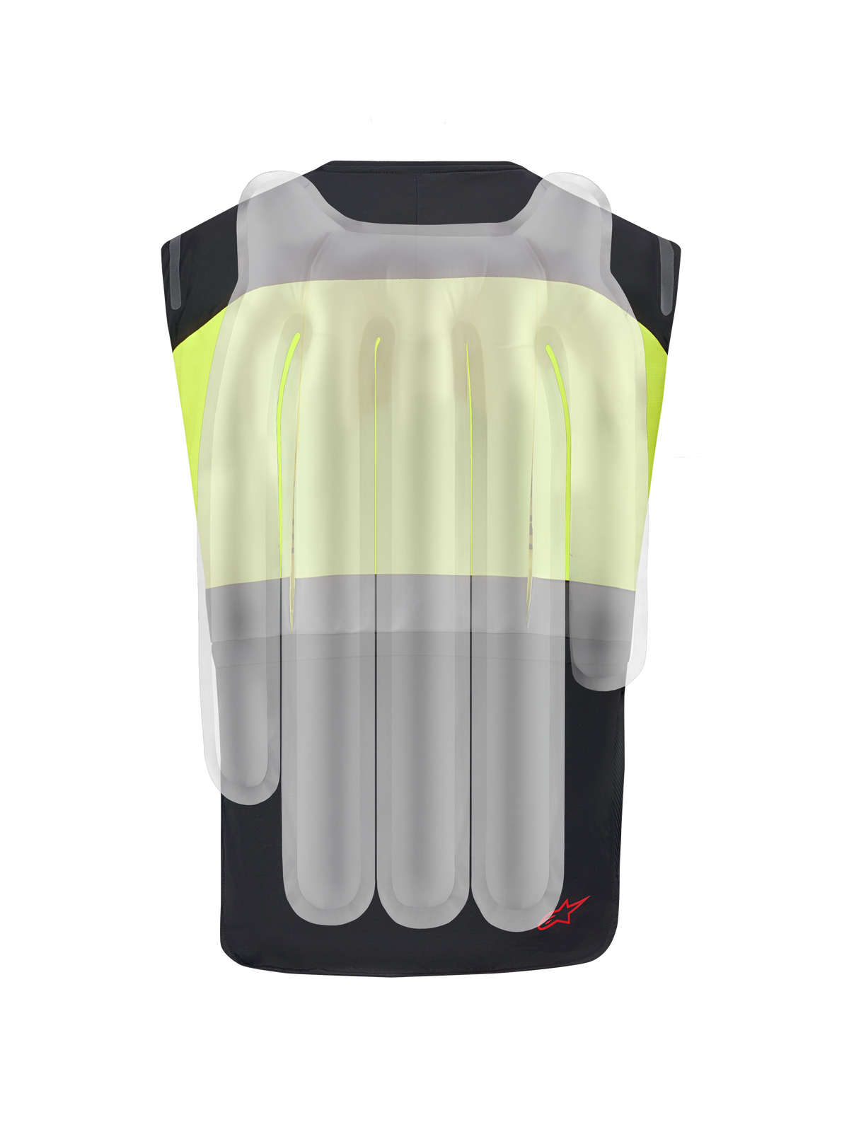 Alpinestars Tech-Air® 3 V2 System, motocyklowa kamizelka z poduszką powietrzną, czarna i żółta fluo, widok z tyłu z półprzezroczystą nakładką przedstawiającą wewnętrzne komory poduszki powietrznej dla ochrony kręgosłupa i ramion