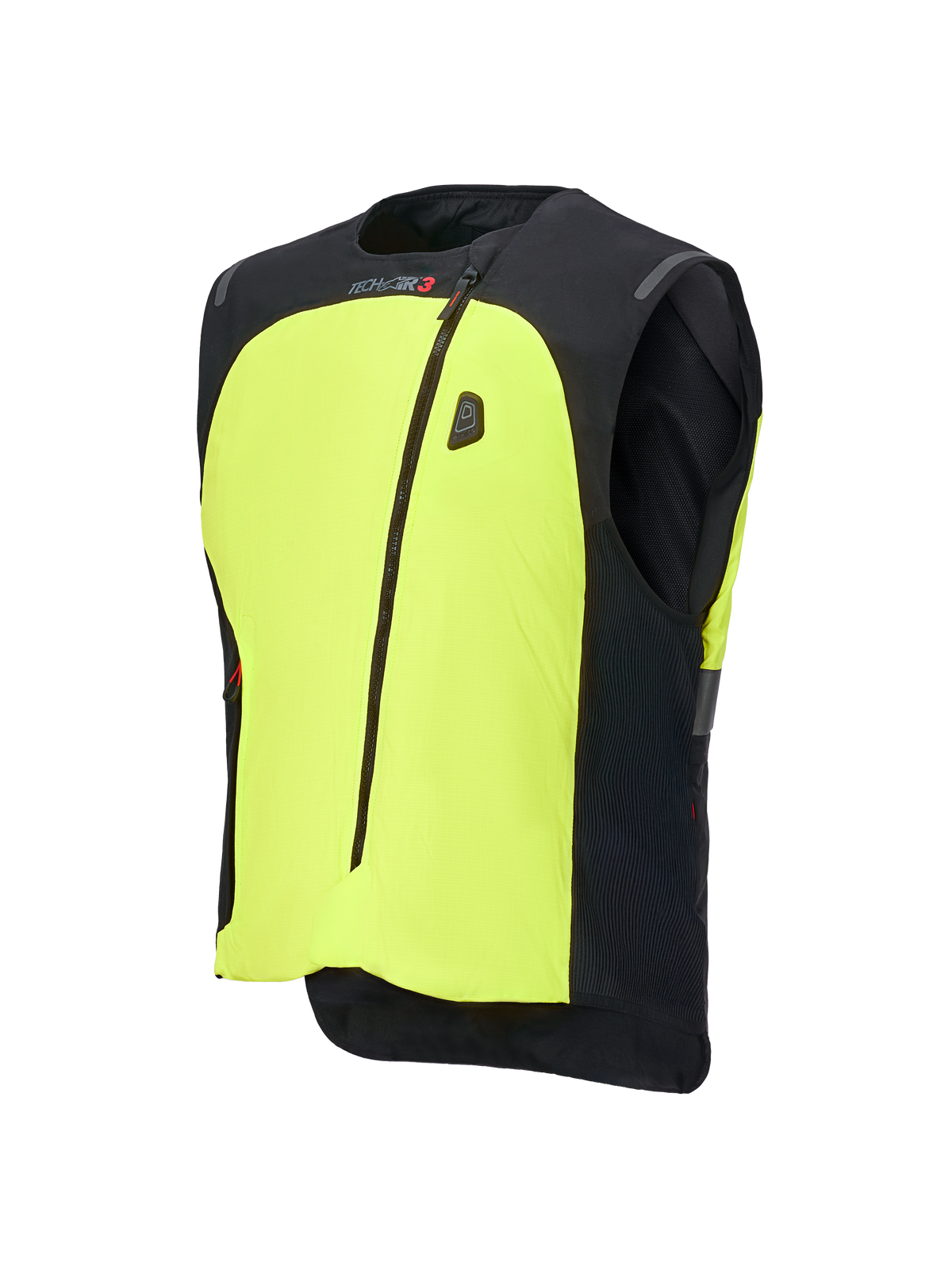 Alpinestars Tech-Air® 3 V2 System, motocyklowa kamizelka z poduszką powietrzną, czarna i neonowa żółta, z wyraźnym żółtym panelem przednim, centralnym zamkiem błyskawicznym, zintegrowanym wyświetlaczem LED i brandingiem Tech-Air, lekka autonomiczna ochrona do jazdy drogowej