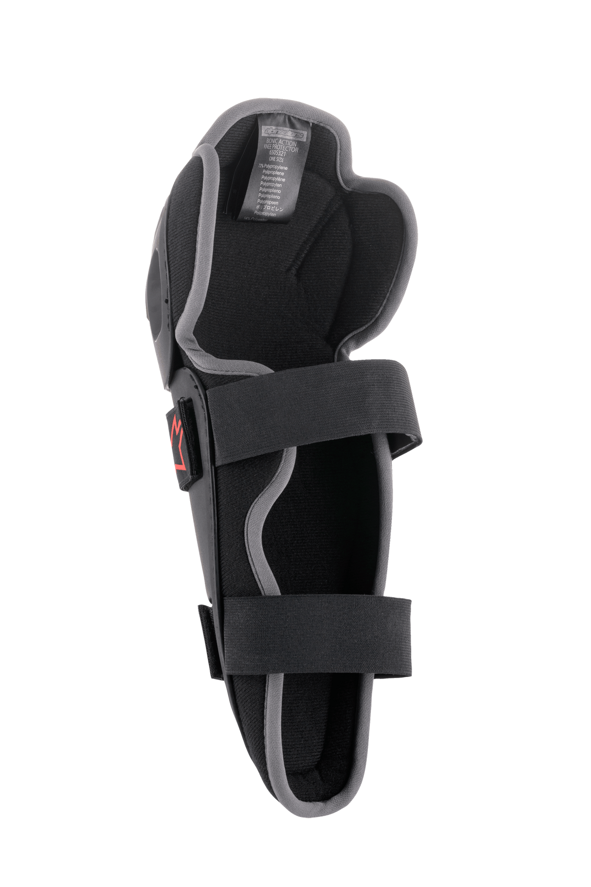 Alpinestars Bionic Action Knee Protector, ochraniacz motocrossowy na kolana, czarno-szary, widok od wewnątrz z podwójnym systemem elastycznych pasków, piankową wyściółką i ergonomiczną asymetryczną konstrukcją do jazdy off-road