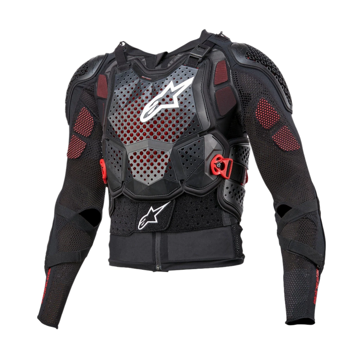 Alpinestars Bionic Tech V3 Protection Jacket, pancerz motocyklowy, czarny z białymi i czerwonymi akcentami, perforowany ochraniacz klatki piersiowej z białym logo gwiazdy, regulowane czerwone klamry, zintegrowane ochraniacze ramion i łokci, oddychająca siateczkowa warstwa bazowa