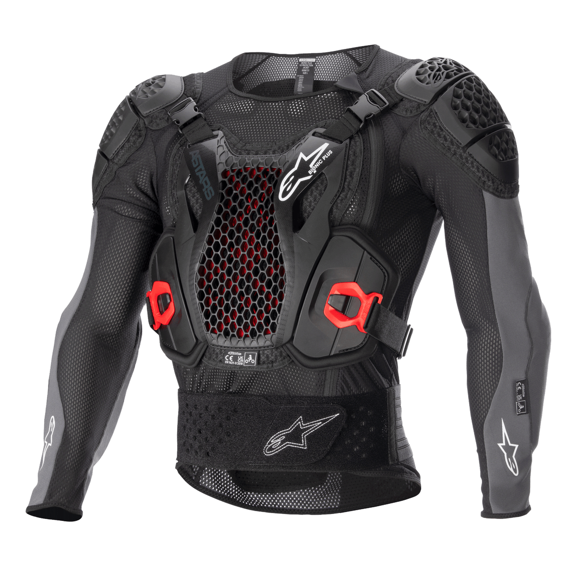 Alpinestars Bionic Plus V2 Protection Jacket, Motocross Body Armor, Black and Anthracite Gray with Red accents, featuring a honeycomb mesh chest protector, padded shoulders and elbows, breathable mesh design for off-road racing