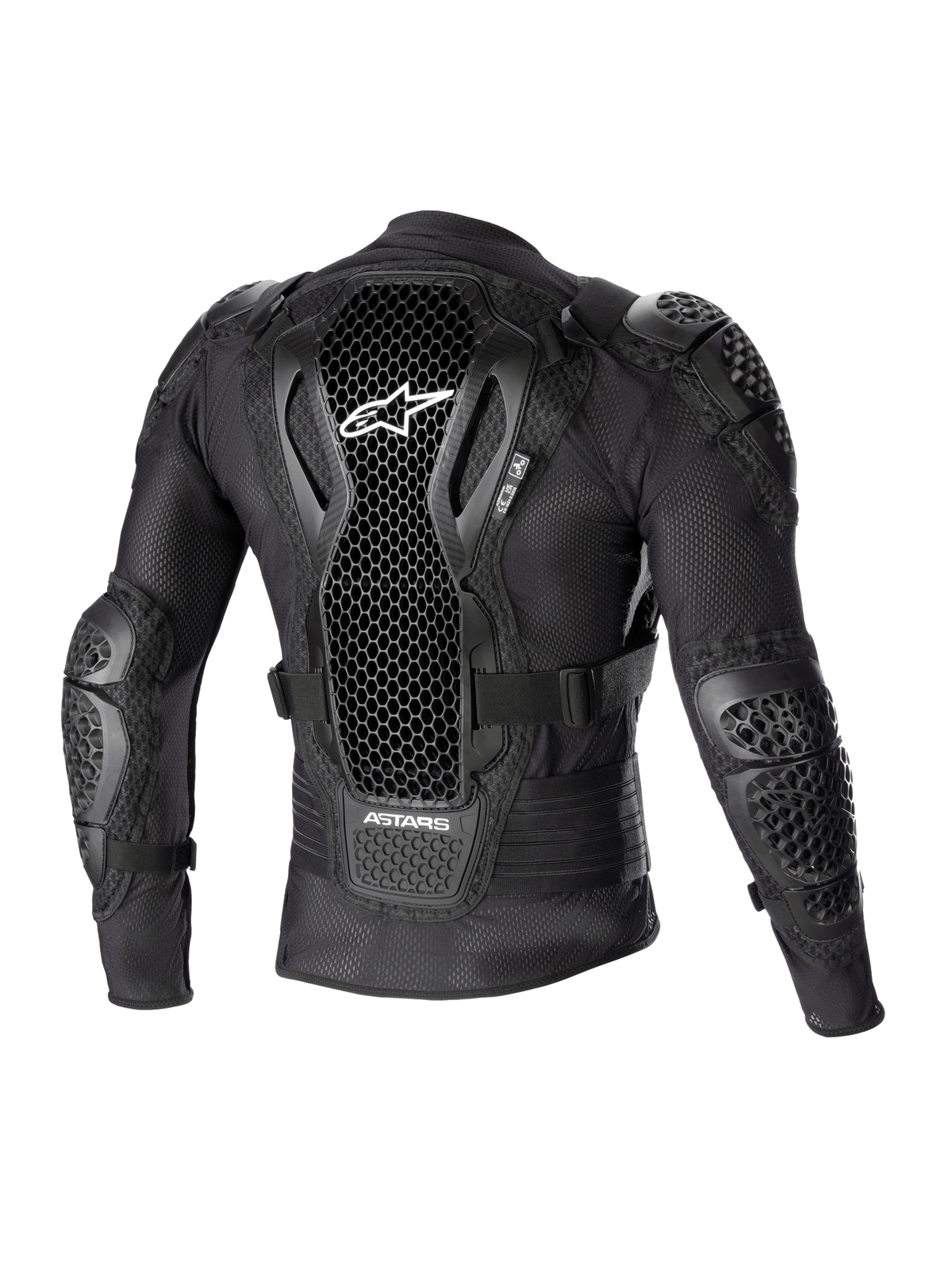 Alpinestars Bionic Action V2 Protection Jacket, widok z tyłu, czarna, wyposażona w perforowany ochraniacz pleców Cell Technology z białym logo, siatkowa konstrukcja ze zintegrowanymi ochraniaczami ramion i łokci, ochrona do motocrossu i off-roadu