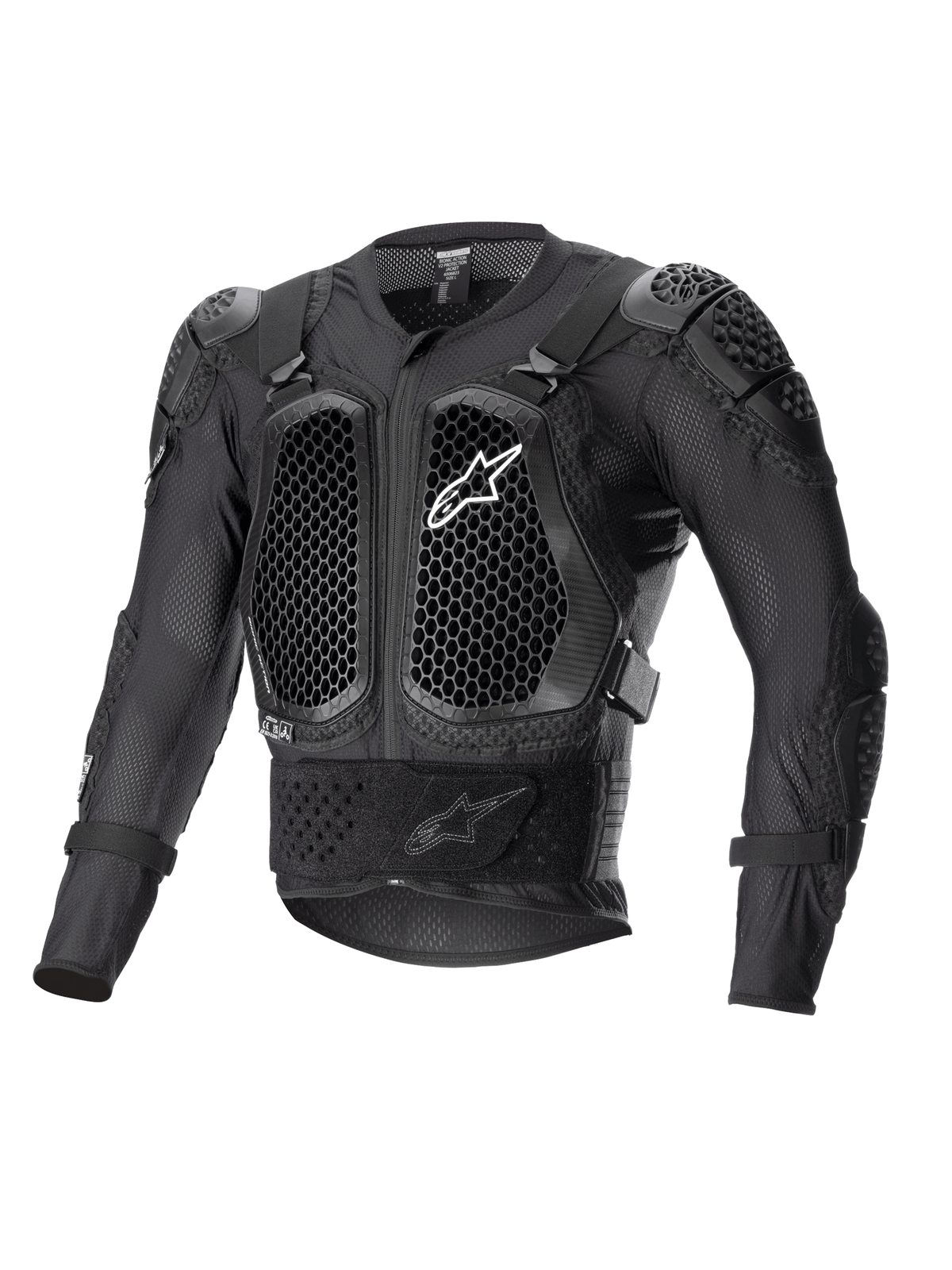 Alpinestars Bionic Action V2 Protection Jacket, czarna kurtka ochronna, ochraniacze klatki piersiowej i łokci Cell Technology o strukturze plastra miodu, oddychająca siateczkowa konstrukcja, białe logo Alpinestars na piersi, motocyklowa odzież ochronna off-road