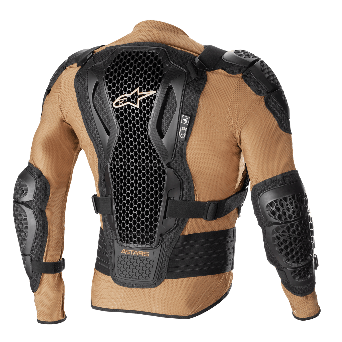 Alpinestars Bionic Action V2 Protection Jacket, kurtka ochronna, piaskowo-czarna z mandarynkowymi akcentami, widok z tyłu prezentujący ochraniacz pleców Cell Technology o strukturze plastra miodu, zintegrowane ochraniacze ramion i łokci, oddychająca konstrukcja z siatki