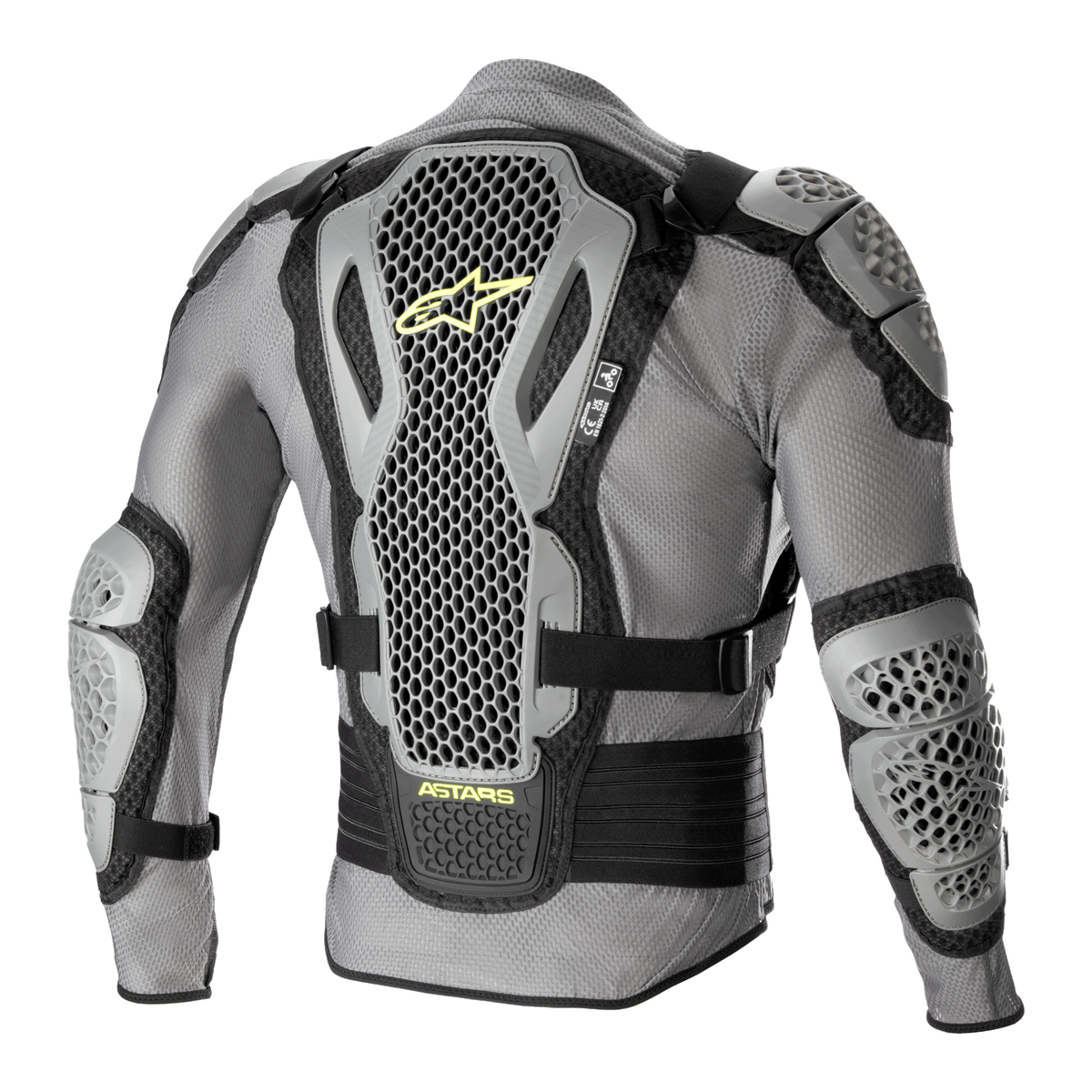 Alpinestars Bionic Action V2 Protection Jacket, widok z tyłu, szaro-czarna z akcentami Yellow Fluo, wyposażona w wysoce perforowane ochraniacze pleców, ramion i łokci Cell Technology, szara siatkowa konstrukcja z czarnymi regulowanymi paskami i żółtym brandingiem Astars