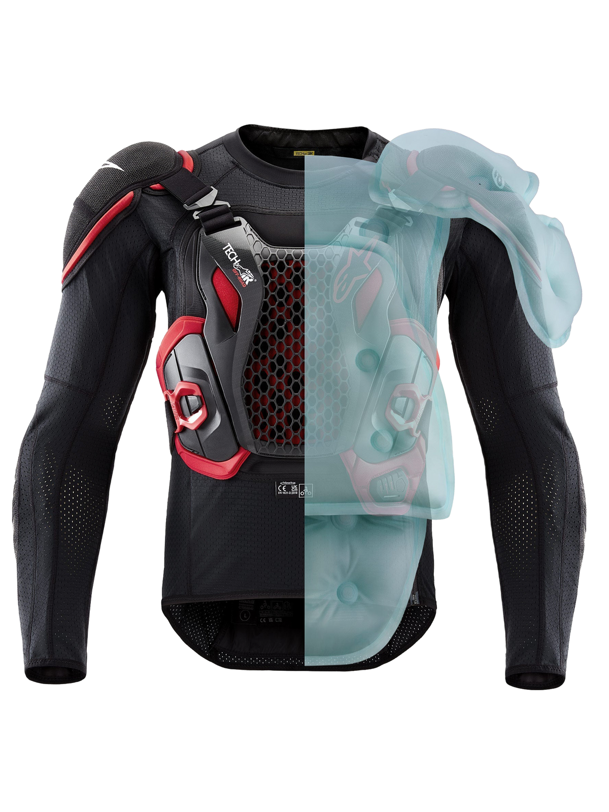 Alpinestars Poduszka Powietrzna Tech-Air® Off-Road, kurtka ochronna enduro i rajdowa homologowana przez FIM, czarno-czerwona, z widocznym aktywnym pokryciem poduszki powietrznej po jednej stronie