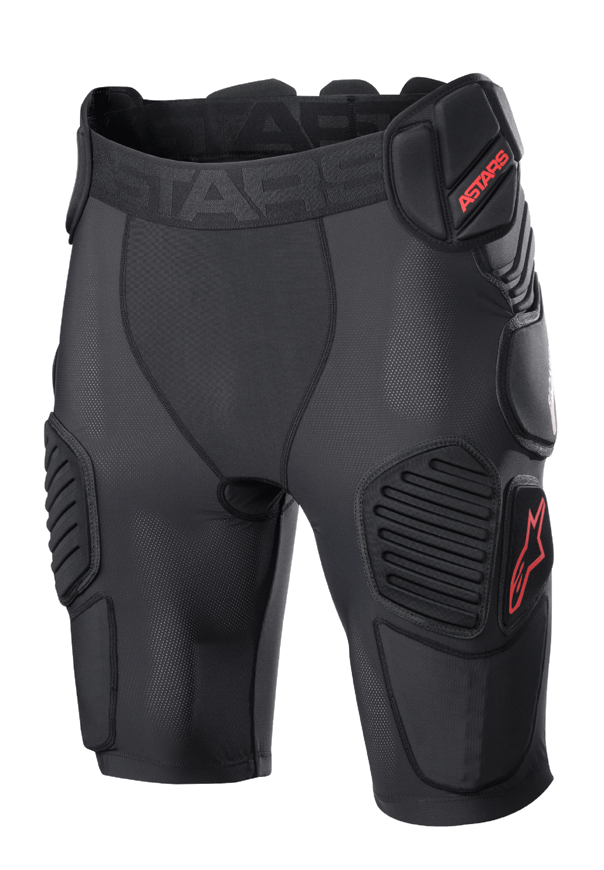 Alpinestars Bionic Pro Protection Shorts, ochronne spodenki motocrossowe, czarno-czerwone, wyściółki ochronne na biodrach i udach, oddychająca siateczka, elastyczny pas z czerwonym logo ASTARS, techniczna konstrukcja zapewniająca ochronę przed uderzeniami w terenie