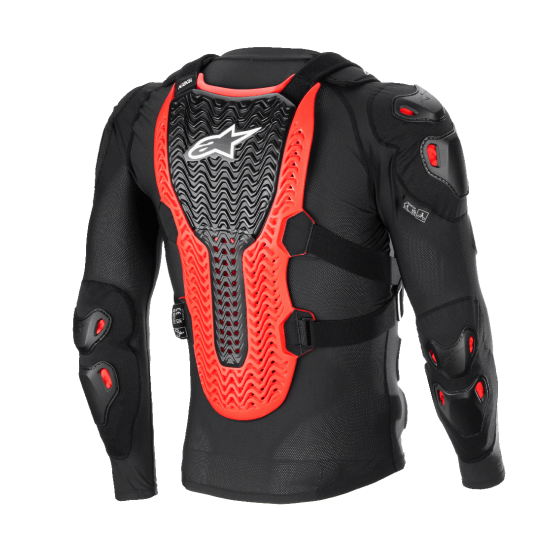 Alpinestars Bionic XTR Plasma Protection Jacket, Black Red and White, rear view showing the large ribbed Nucleon PLASMA back protector, shoulder and elbow padding, black mesh construction for off-road motocross protection