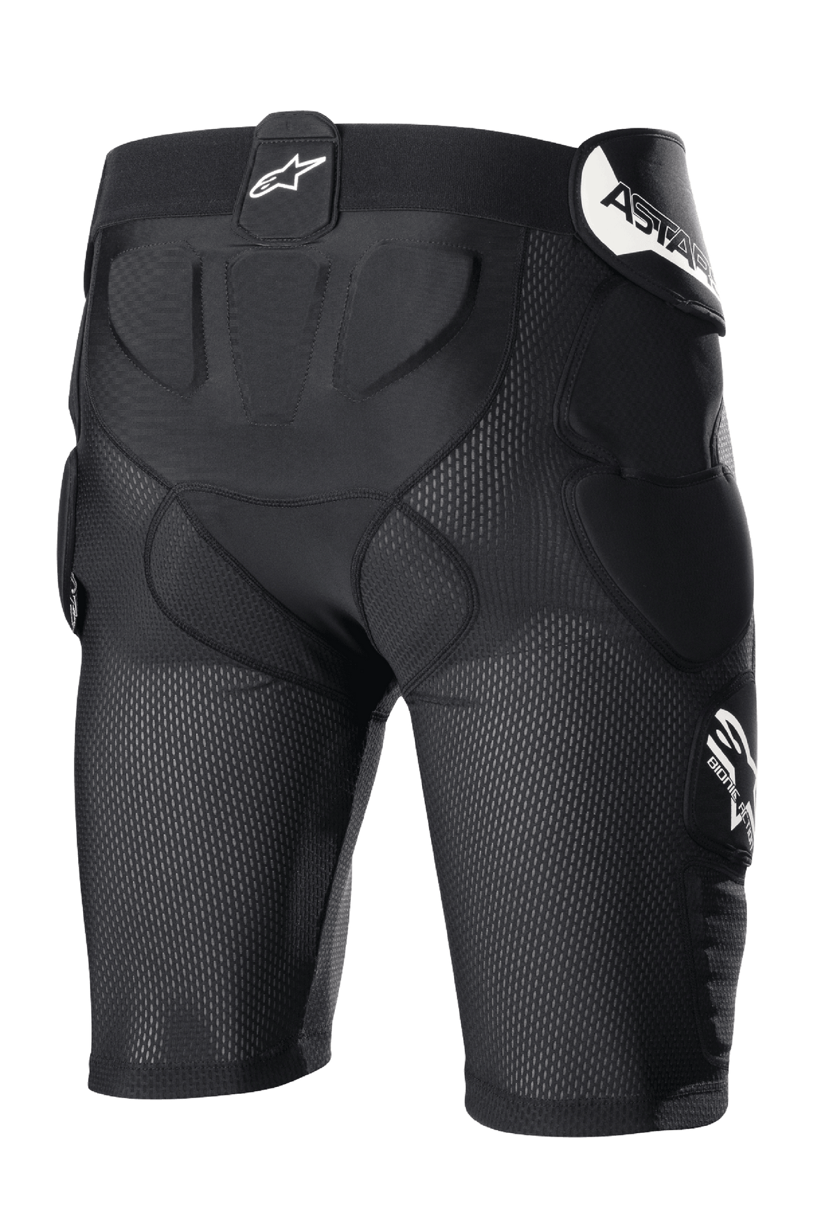 Alpinestars Bionic Action Protection Shorts, Black, motocross protective shorts with breathable mesh construction, integrated padding on hips and tailbone, featuring white branding on the waistband and side.