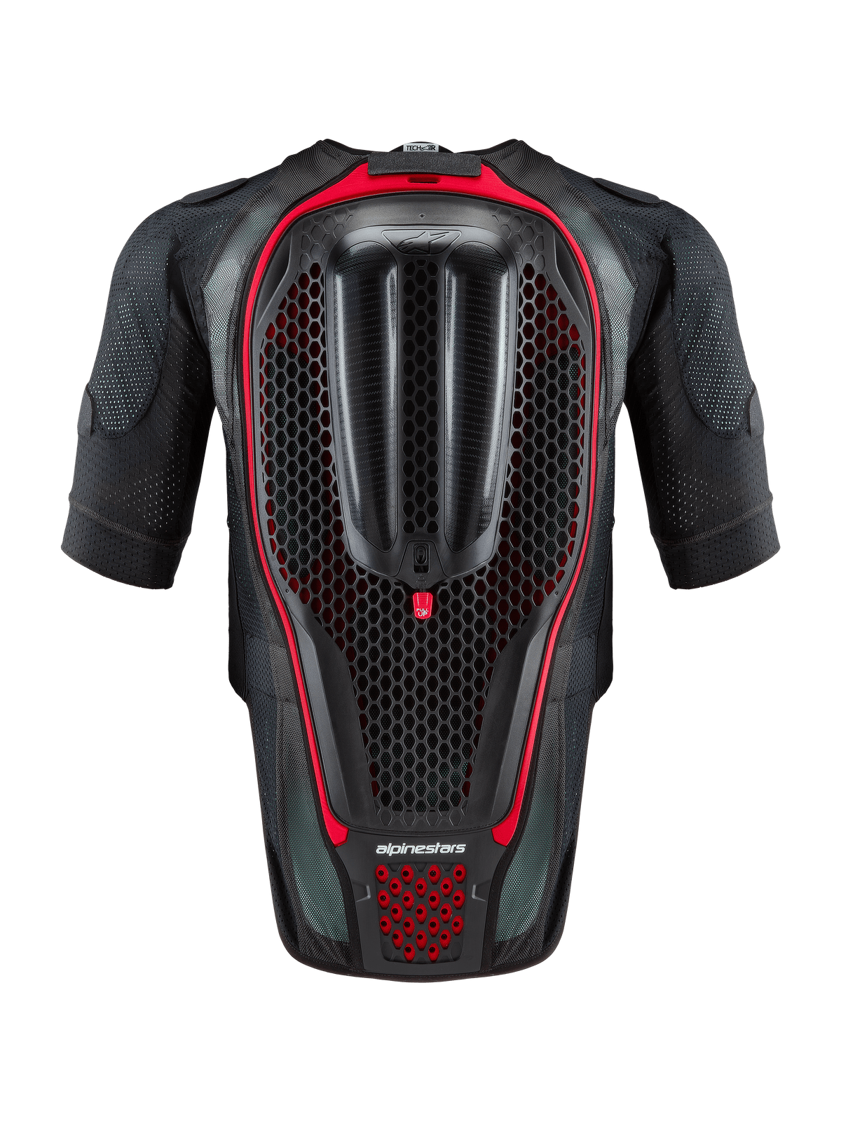 Alpinestars Tech-Air® 7X System, autonomiczna motocyklowa kamizelka z poduszką powietrzną, czarno-czerwona, widok z tyłu pokazujący zintegrowany ochraniacz pleców o strukturze plastra miodu i wentylowaną konstrukcję z siatki do jazdy torowej i drogowej.