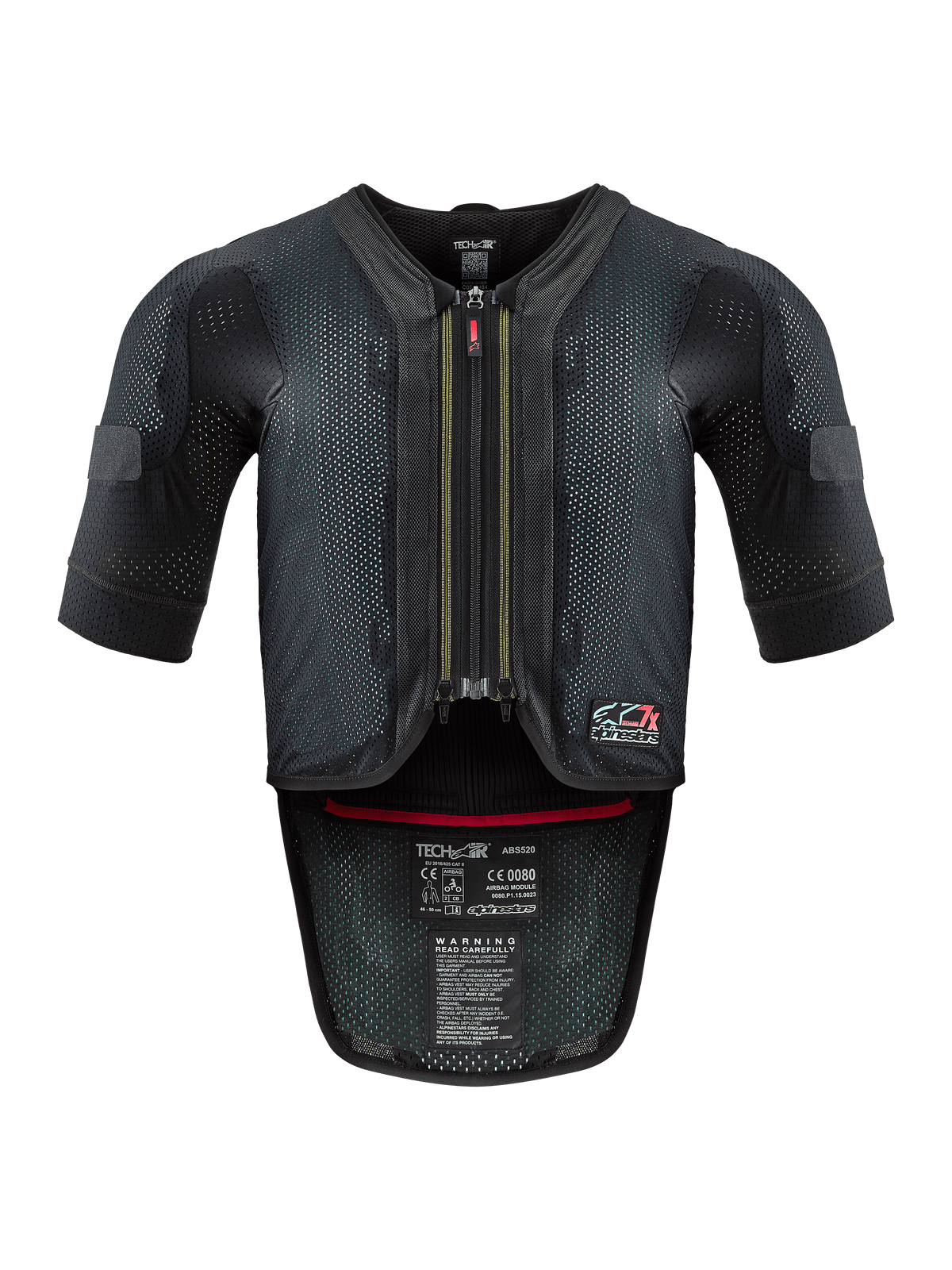 Alpinestars Tech-Air® 7X System, motocyklowa kamizelka z poduszką powietrzną, czarno-czerwona, widok z przodu z wentylowaną siatkową konstrukcją, centralny zamek z czerwonym uchwytem i wewnętrzne etykiety certyfikacyjne, wysokowydajna ochrona do jazdy torowej i drogowej