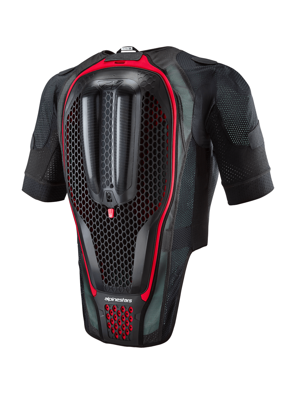 Alpinestars Tech-Air® 7X System, motocyklowa kamizelka z poduszką powietrzną, widok z tyłu przedstawiający zintegrowany ochraniacz pleców o strukturze plastra miodu, czarna tkanina typu mesh z czerwonymi akcentami, ergonomiczny sprzęt ochronny do wyścigów drogowych i na dni torowe