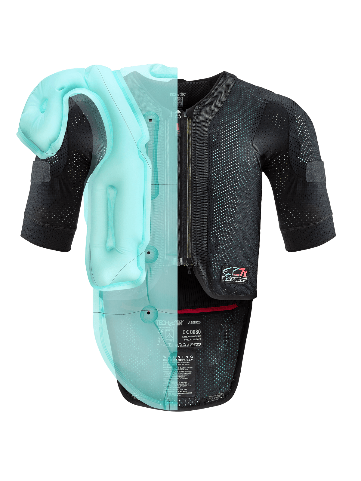 Alpinestars Tech-Air® 7X System, autonomiczna motocyklowa kamizelka z poduszką powietrzną, czarna siatkowa konstrukcja z jasnoniebieską przezroczystą wizualizacją wewnętrznej poduszki powietrznej, techniczna odzież ochronna z krótkimi rękawami i zintegrowanym ochraniaczem pleców