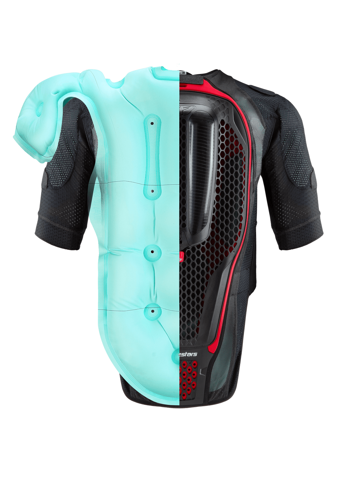 Alpinestars Tech-Air® 7X System, motocyklowa kamizelka z poduszką powietrzną, czarno-czerwona, widok z tyłu ukazujący zestawienie jasnoniebieskiego nadmuchanego pęcherza poduszki oraz wewnętrznego ochraniacza pleców o strukturze plastra miodu, zaawansowana ochrona na tor i ulicę.