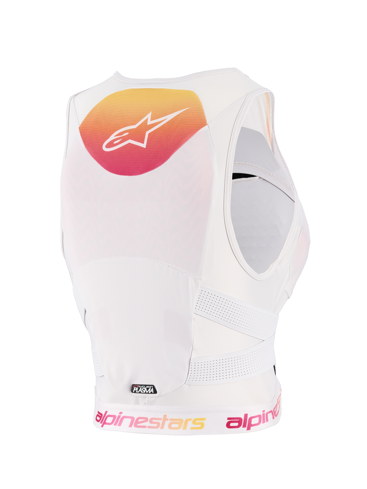 Damski ochraniacz klatki piersiowej Alpinestars Stella Plasma, Light Lilac Fade White, widok z tyłu z żółto-różowym gradientem i białym logo, konstrukcja z białej oddychającej siateczki, perforowane paski boczne dla ochrony off-road