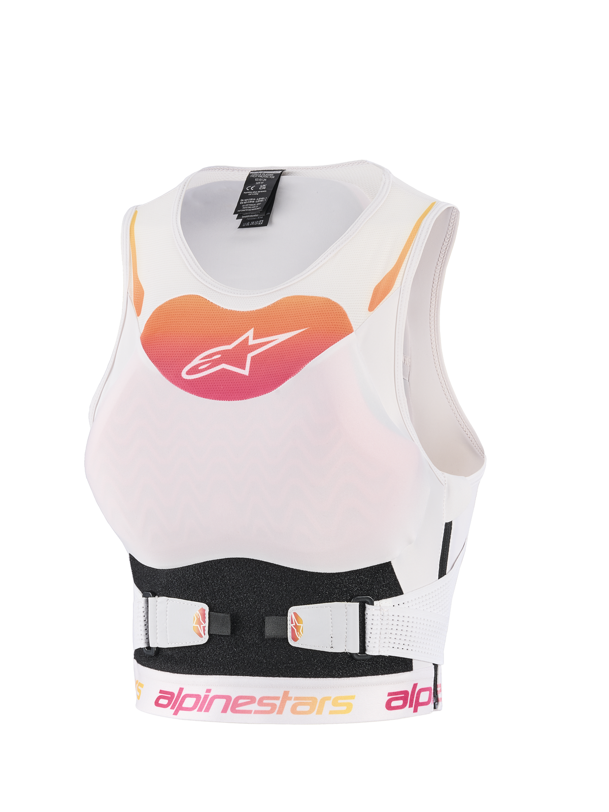 Alpinestars Stella Plasma Chest Protector, damska motocrossowa kamizelka ochronna, biała z pomarańczowo-różowym gradientowym logo, oddychająca konstrukcja siatkowa z regulowanymi paskami V-Belt, ergonomiczna zbroja off-road