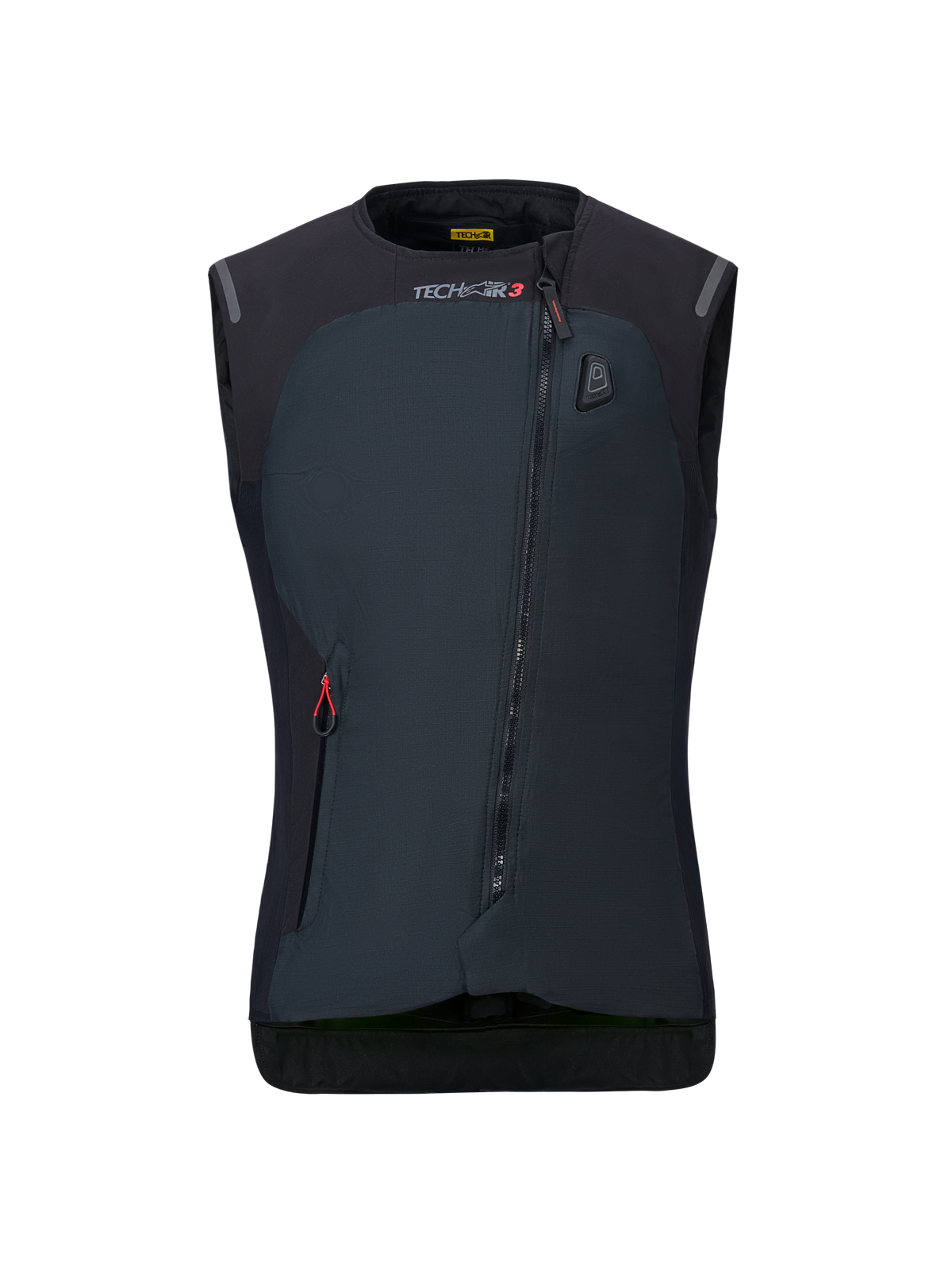 Alpinestars Stella Tech-Air 3 V2 System, damska czarna kamizelka motocyklowa z poduszką powietrzną, widok z przodu, z ukośnym zamkiem błyskawicznym, logo Tech-Air 3 i wskaźnikiem statusu LED na klatce piersiowej