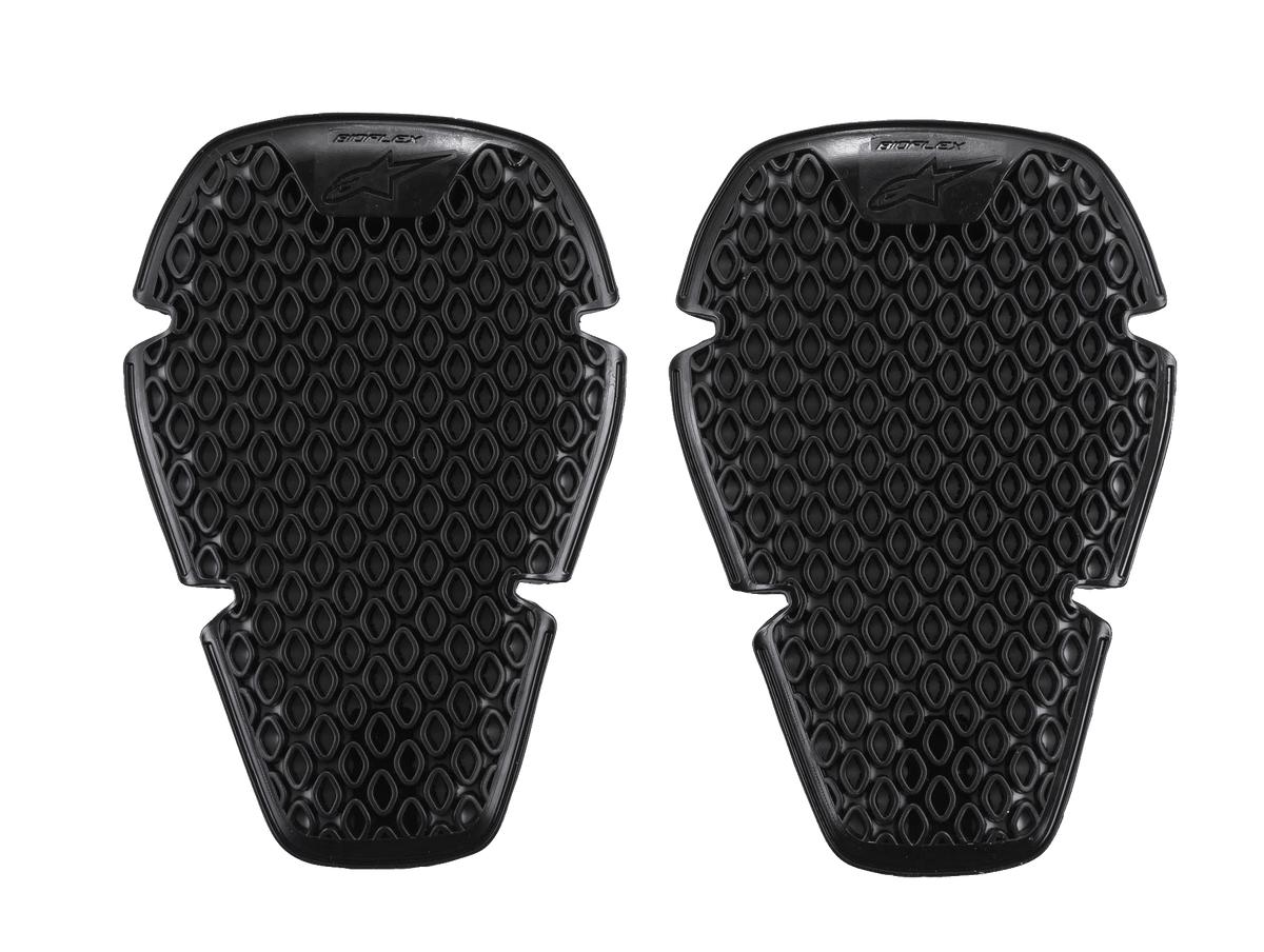 Alpinestars Bioflex Knee Protection, Knee Protectors, Black, pair of slim protective inserts featuring a bridged cell structure with diamond-shaped ventilation, lightweight ergonomic design for impact protection, Alpinestars logo and Bioflex branding at the top