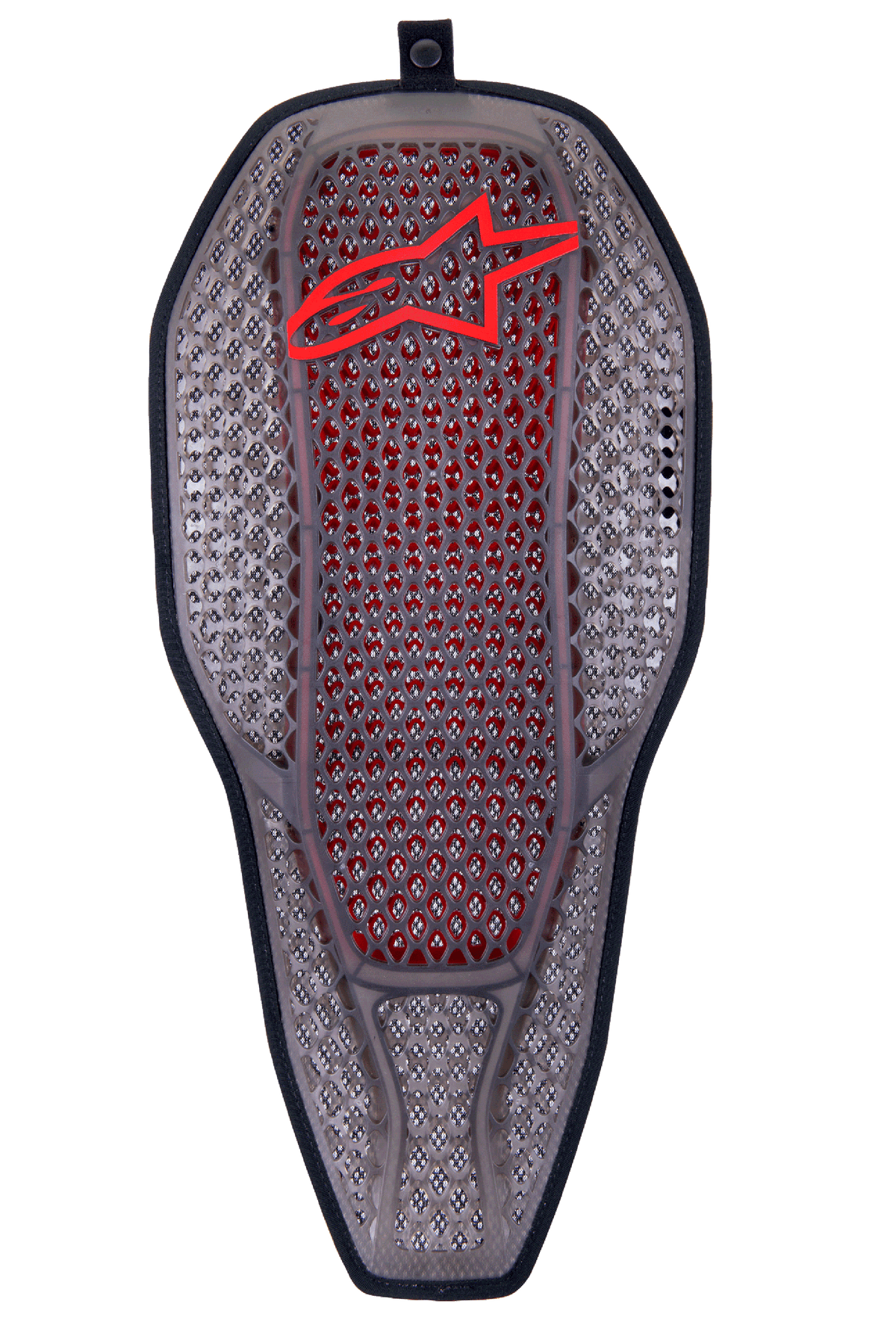 Alpinestars Nucleon Flex Proi Full Back Protector Insert, przezroczysty dymiony czerwony, dymiona szara heksagonalna struktura komórkowa z czerwonym rdzeniem, czerwone logo Alpinestars na górze, ergonomiczny wydłużony kształt tarczy, wysoce wentylowany motocyklowy sprzęt ochronny