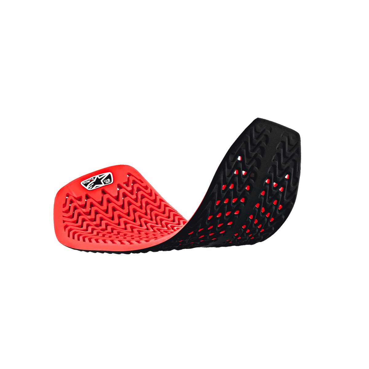 Alpinestars Nucleon Plasma Full Back Protector Insert, czerwony i czarny, elastyczna zakrzywiona pozycja ukazująca komórkową perforowaną konstrukcję, falista struktura pochłaniająca uderzenia, oddychający motocyklowy sprzęt ochronny