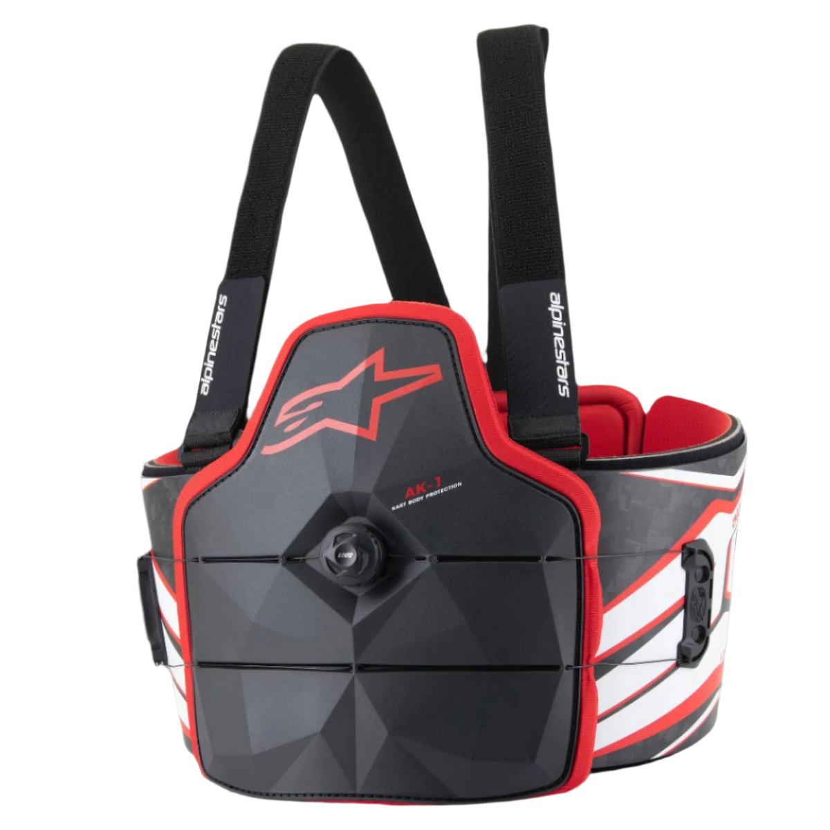 Alpinestars AK-1 Kart Body Protector, ochraniacz tułowia do kartingu, czarny, biały i czerwony, z zapięciem typu speed-lace, panelami o teksturze włókna węglowego i czerwonym logo Astars, profesjonalny sprzęt ochronny z homologacją FIA