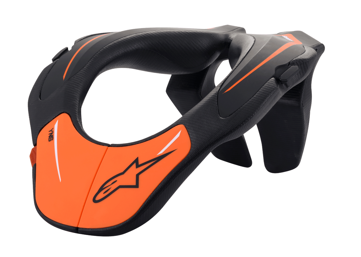 Alpinestars Youth Neck Support, kołnierz motocrossowy, czarno-pomarańczowy, ergonomiczna rama z wtryskiwanego polimeru z teksturowaną powierzchnią, sprzęt ochronny dla młodych jeźdźców i do wyścigów terenowych