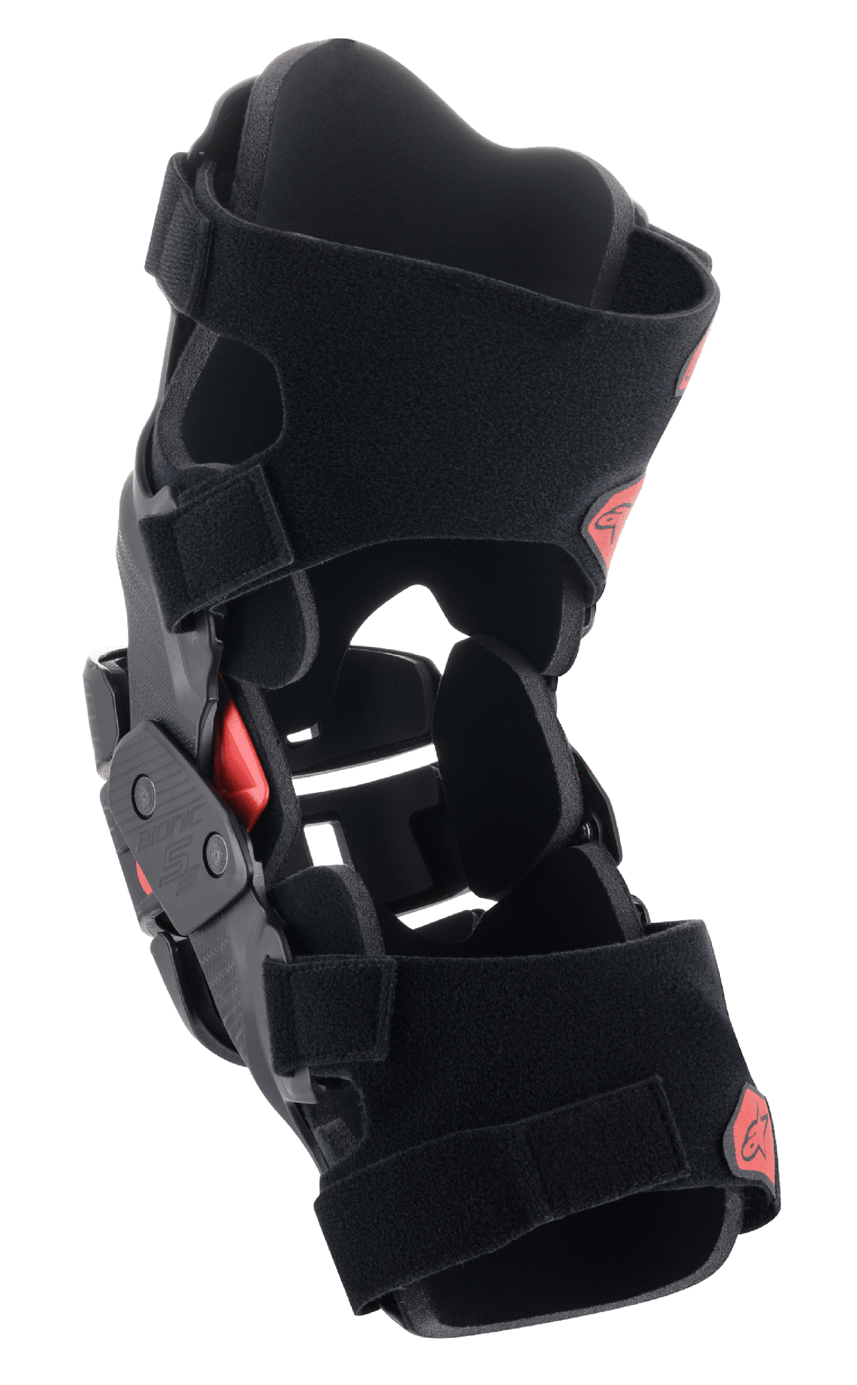 Alpinestars Youth Bionic 5S Knee Brace, młodzieżowy stabilizator kolana, czarno-czerwony, hybrydowa konstrukcja ramy, stabilny czteropunktowy system zawiasów, regulowane paski na rzepy, lekka i ochronna konstrukcja dla młodych zawodników off-road