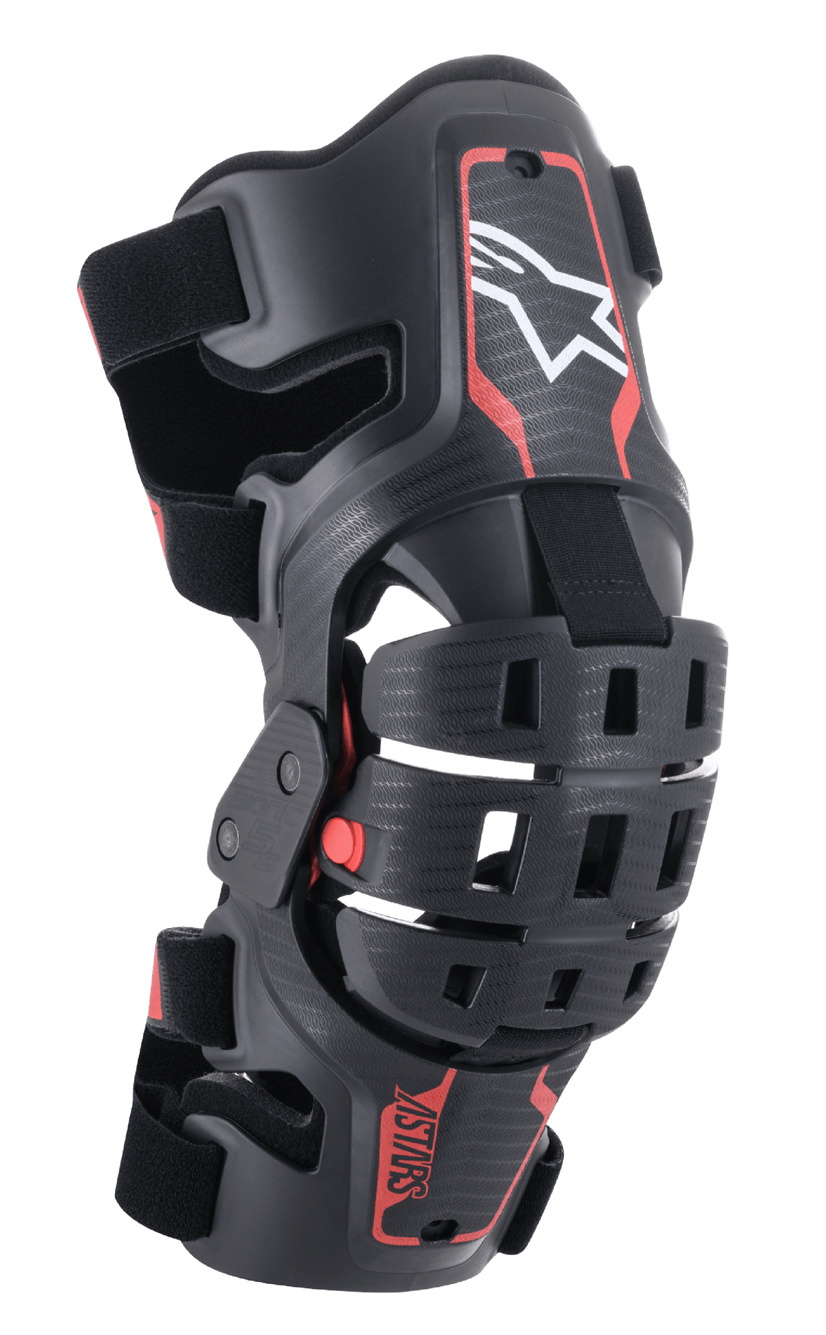 Alpinestars Youth Bionic 5S Knee Brace, ochraniacz kolana do motocrossu, czarno-czerwony z białym logo gwiazdy, system zawiasów czteropunktowych, wytrzymała kompozytowa rama z regulowanymi paskami, zaprojektowany do młodzieżowych wyścigów terenowych