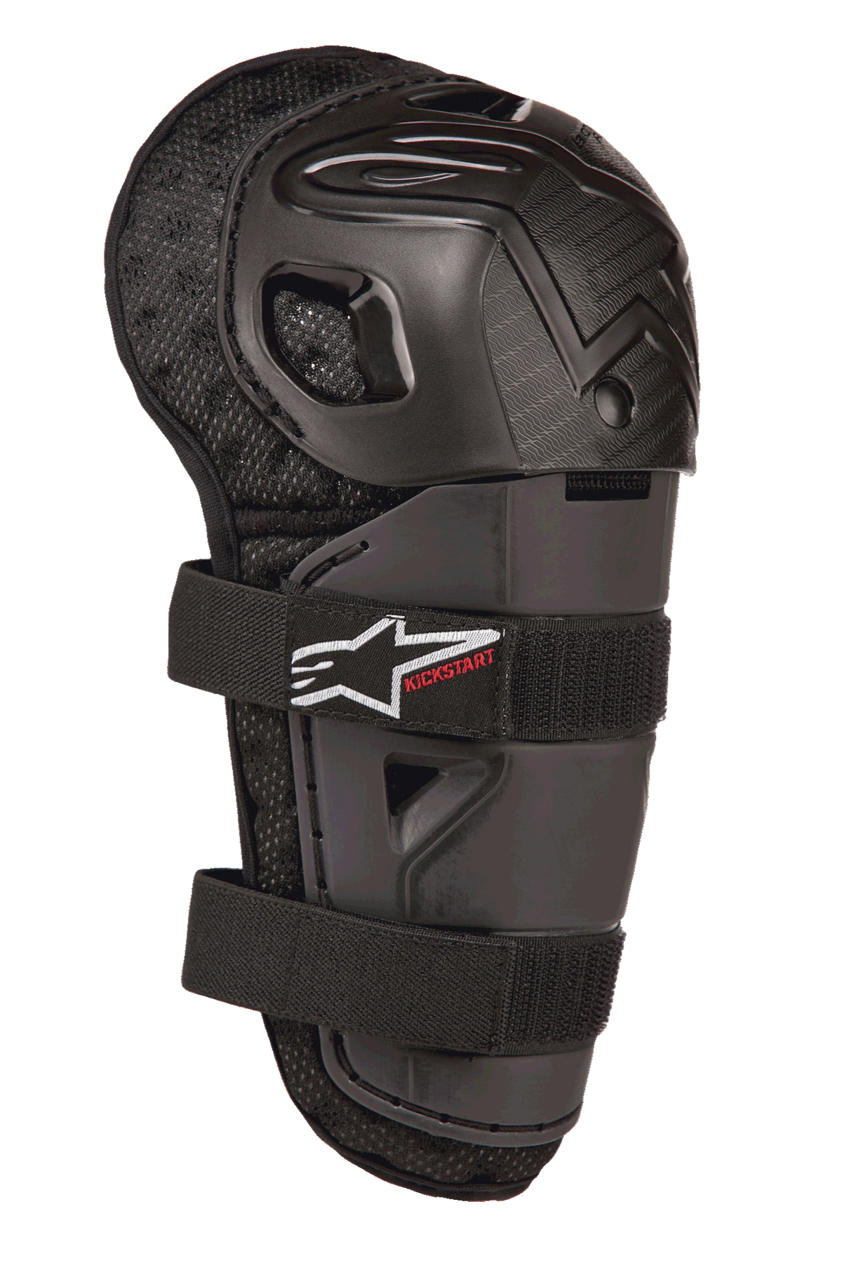 Alpinestars Bionic Action Kickstart Knee Guard, młodzieżowy ochraniacz kolan i goleni do motocrossu, czarny, z przegubową plastikową skorupą, podwójne zapięcie na elastyczne paski z białym logo i czerwonym napisem Kickstart, wyściełany spód z siateczki