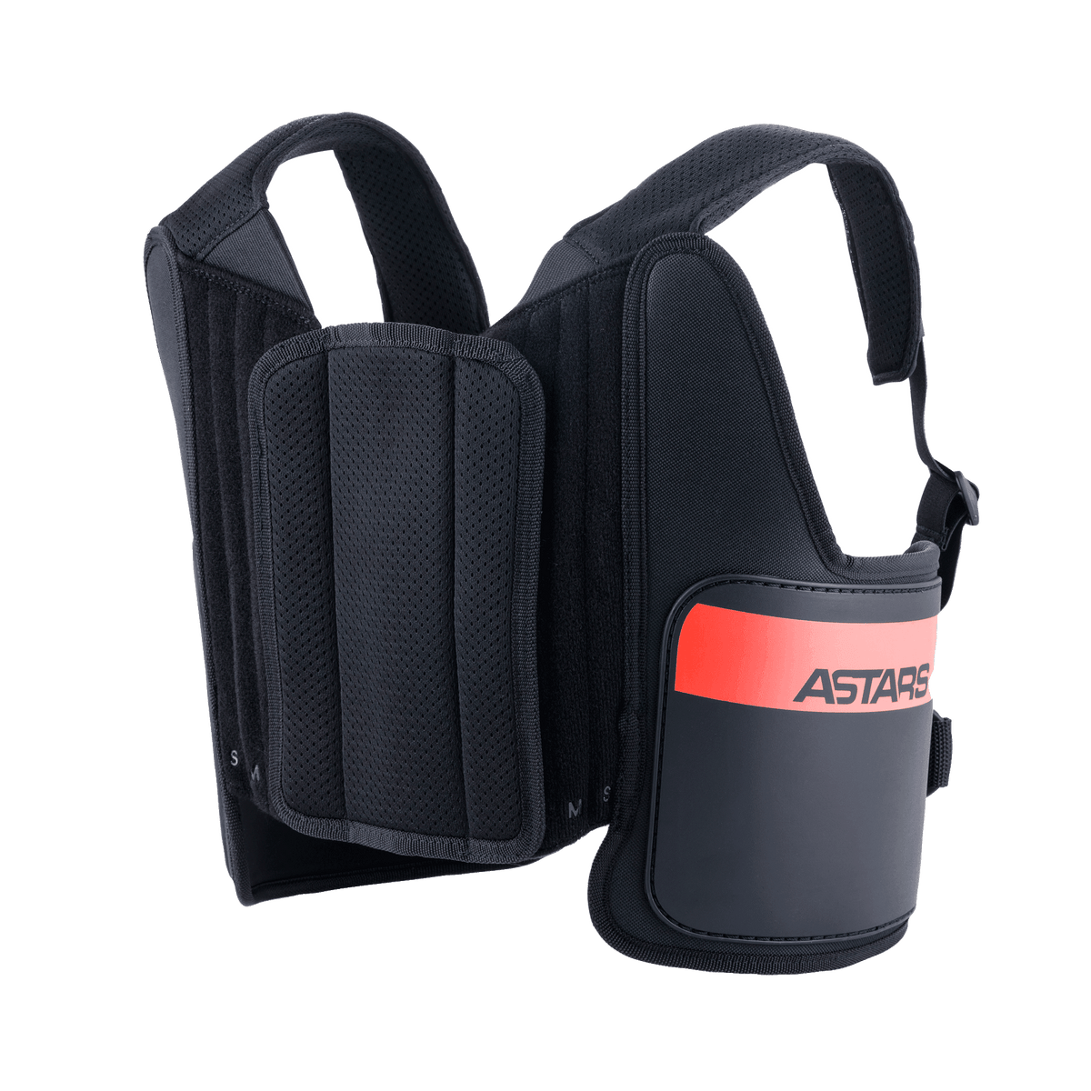 Alpinestars Youth Bionic Rib Support, młodzieżowy ochraniacz żeber do kartingu, czarny z czerwonymi akcentami, regulowane siateczkowe paski na ramiona, wyściełany panel centralny, sztywne panele boczne z logo ASTARS, lekka ergonomiczna konstrukcja ochronna dla młodych kierowców