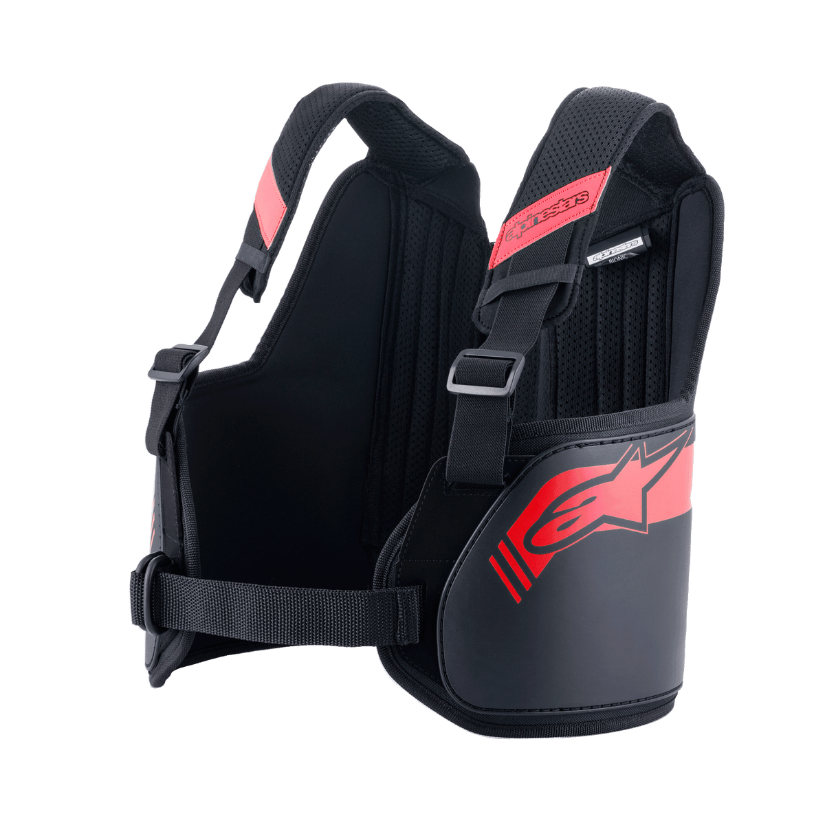Alpinestars Youth Bionic Rib Support, czarno-czerwony ochraniacz żeber do kartingu, wyposażony w regulowane paski naramienne z siatki 3D, twarde panele boczne z czerwonym logo gwiazdy oraz regulowany pasek w talii zapewniający stabilne dopasowanie