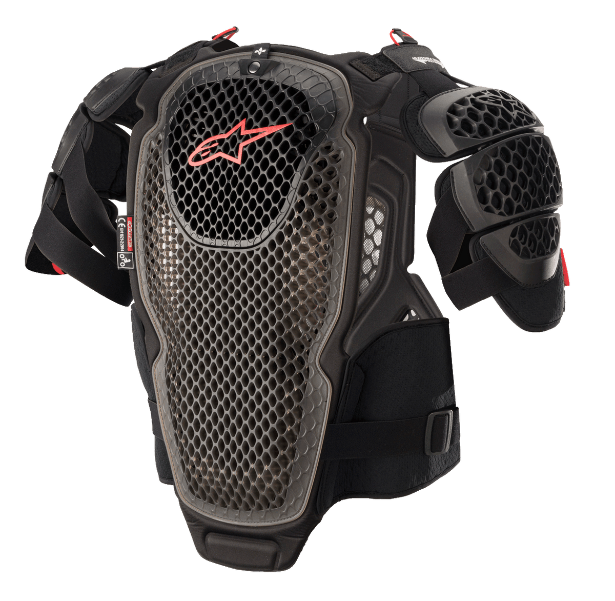 Alpinestars A-6 Chest Protector, zbroja motocrossowa, czarny antracyt i czerwony, perforowane płyty w technologii komórkowej, czerwone logo Alpinestars na klatce piersiowej, regulowane paski i zdejmowane osłony ramion, ochronny sprzęt terenowy
