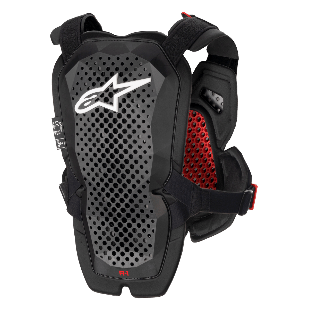 Alpinestars A-1 Pro Chest Protector, antracytowy, czarny i czerwony, widok z tyłu przedstawiający panel ochraniacza pleców, perforowana technologia Polyhedron zapewniająca wentylację, białe logo Astars, czerwona wewnętrzna wyściółka o strukturze plastra miodu, motocyklowy sprzęt ochronny off-road