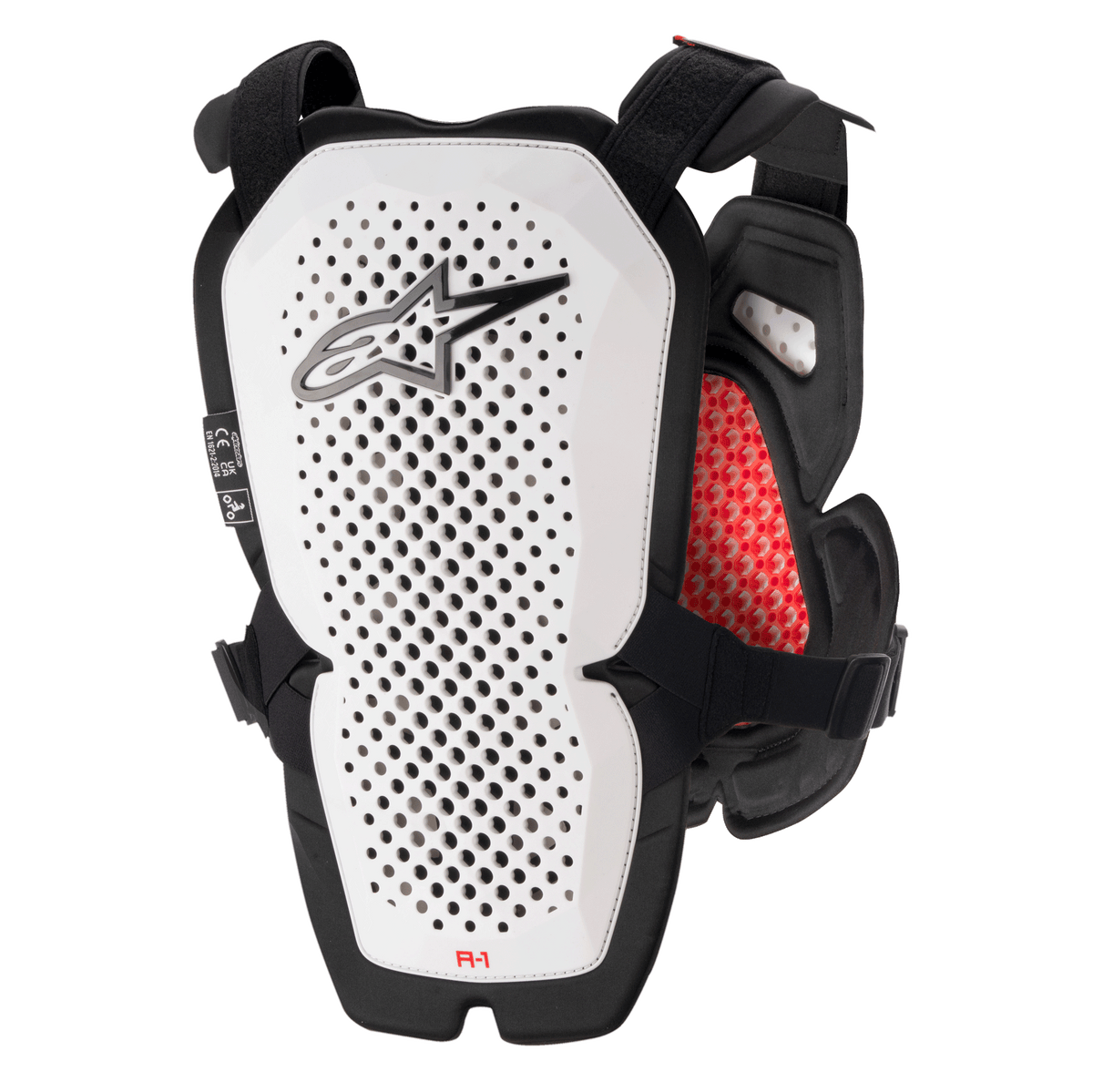 Alpinestars A-1 Pro Chest Protector, biało-czarny z czerwonymi akcentami, perforowany panel tylny dla wentylacji, czerwona wyściółka wewnętrzna o strukturze plastra miodu, lekki sprzęt ochronny do motocrossu