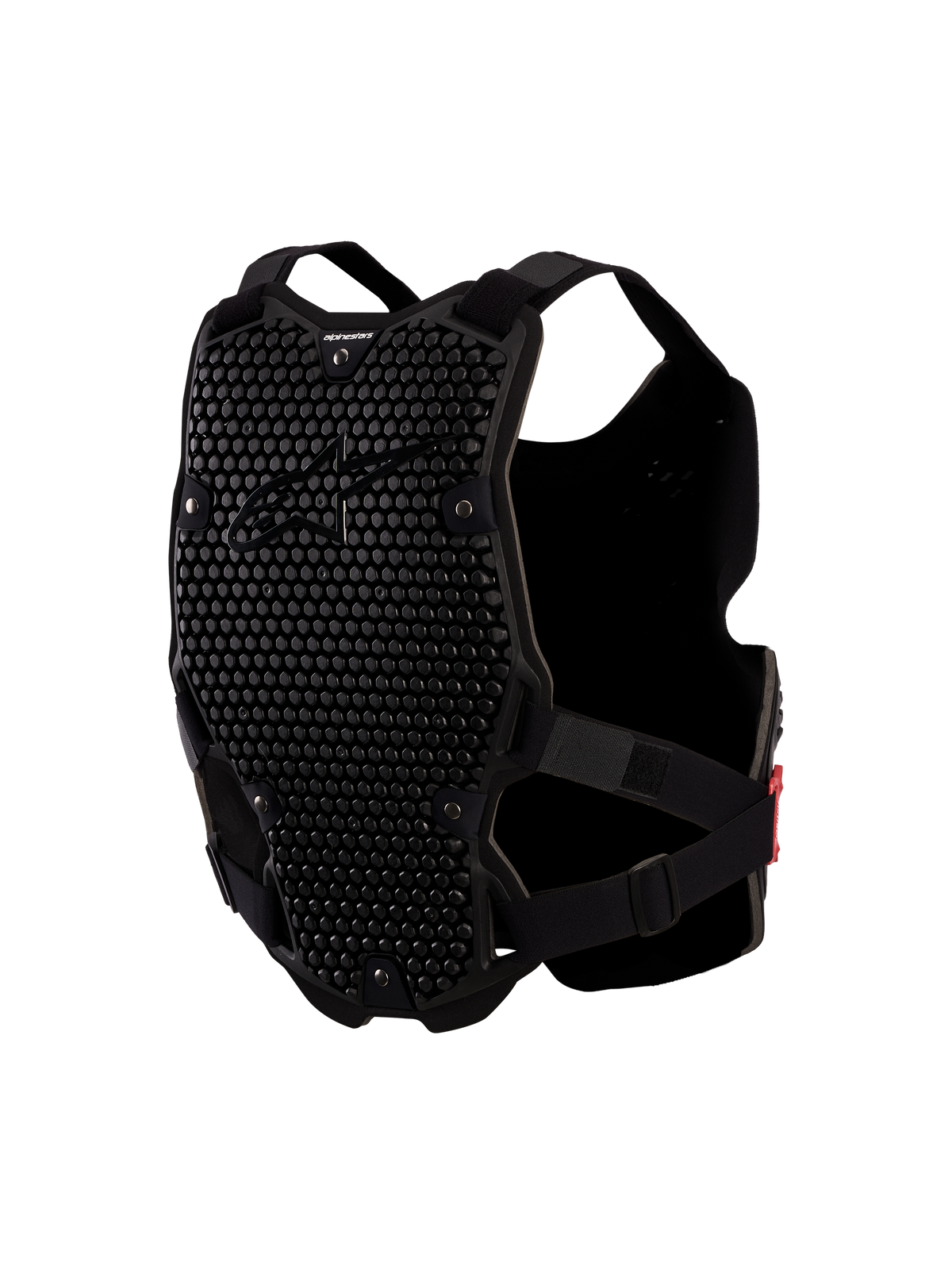 Alpinestars Bionic Action V2, czarny ochraniacz klatki piersiowej do motocrossu, technologia A-Morph, wentylowane panele o strukturze plastra miodu i regulowane paski boczne.