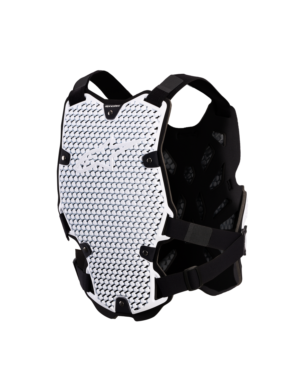 Alpinestars Bionic Action, biało-czarny ochraniacz klatki piersiowej, technologia A-Morph, certyfikat CE, motocross.