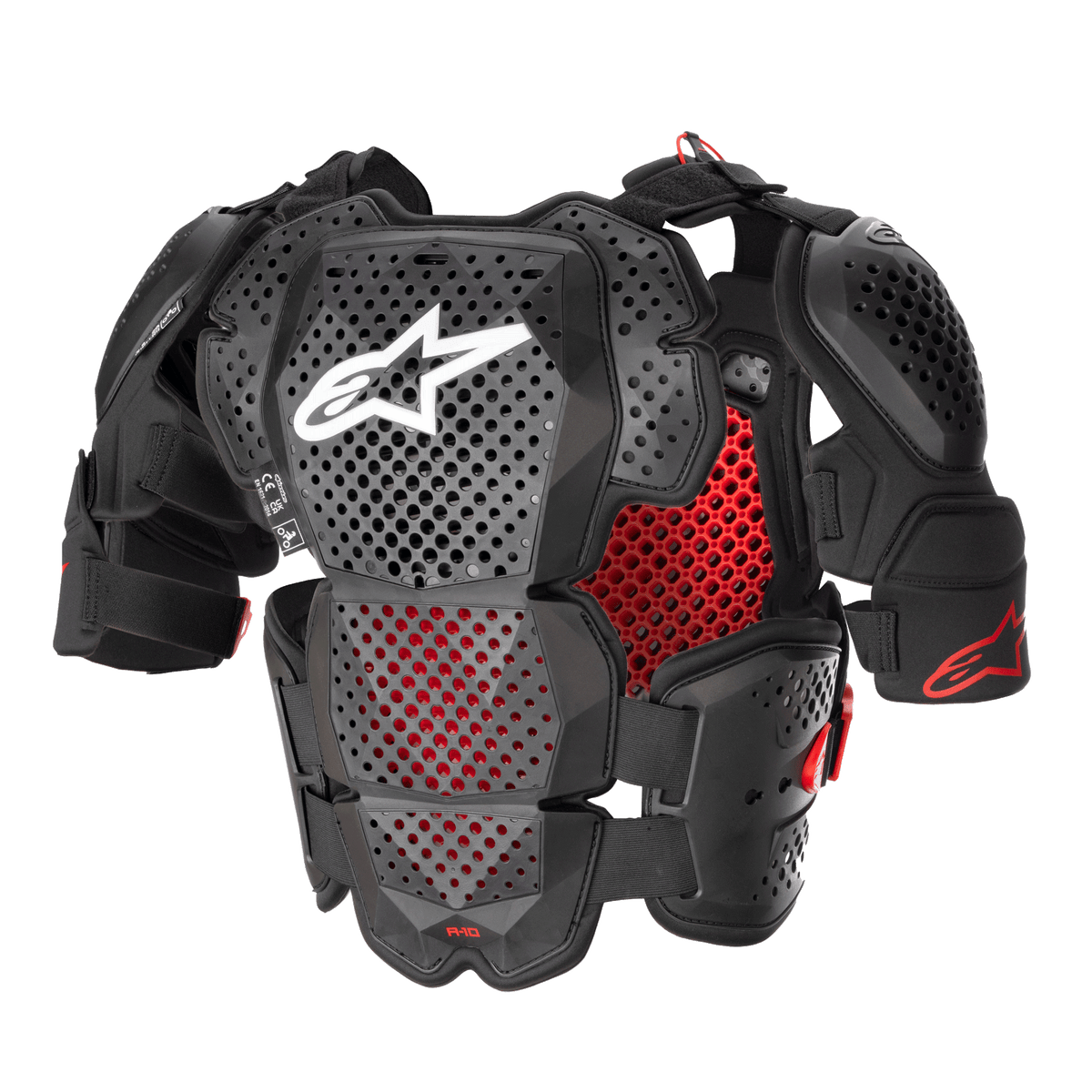 Alpinestars A-10 V2 Full Chest Protector, zbroja motocrossowa, antracytowo-czarna i czerwona, perforowane płyty na klatce piersiowej i ramionach, czerwona wyściółka o strukturze plastra miodu, białe logo Alpinestars na środku klatki piersiowej, ultralekki sprzęt ochronny
