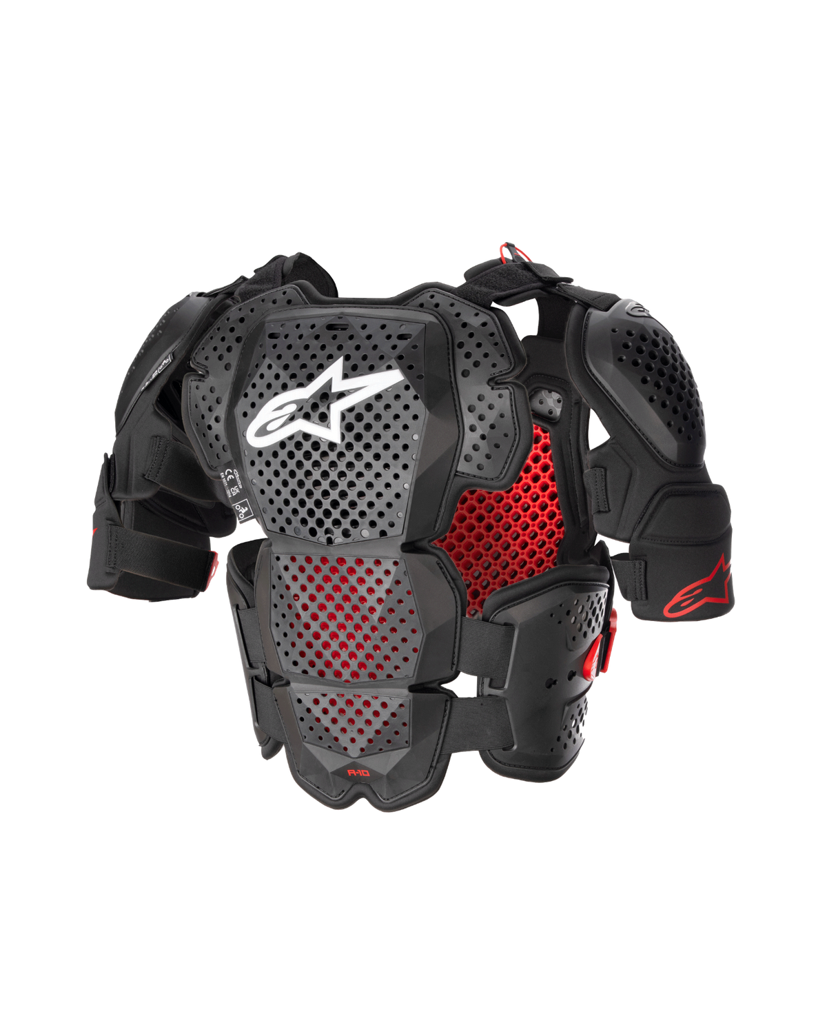 Alpinestars A-10 V2 Full Chest Protector, pełny ochraniacz klatki piersiowej i pleców, czarny i czerwony, perforowane płyty z białym logo Astars, certyfikowane wyposażenie ochronne do motokrosu